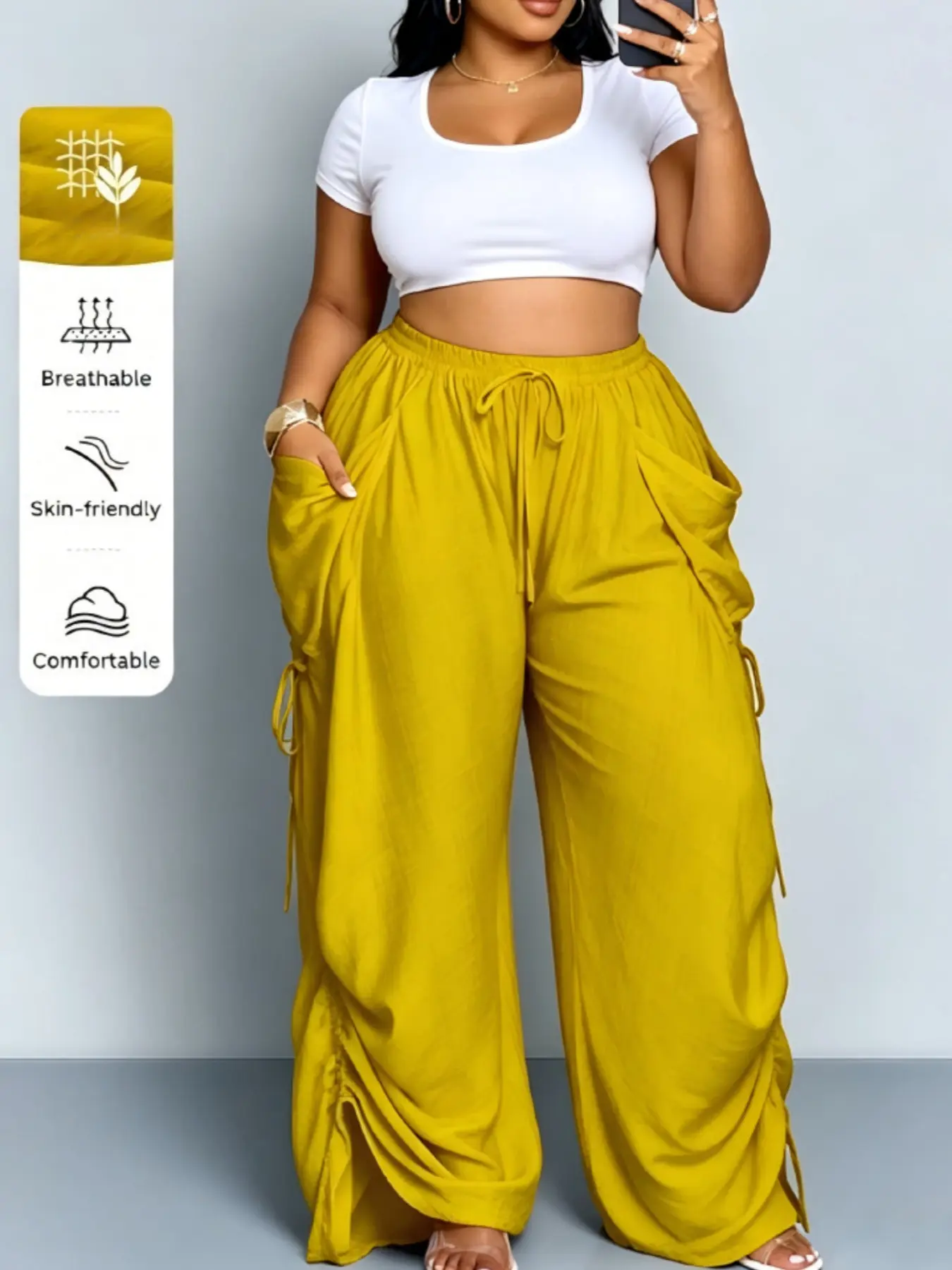 High-Waisted Drawstring Linen Wide-Leg Pants for Women, Casual Comfortable Breathable Home Wear, Spring & Fall Fashion, Multiple Colors Available