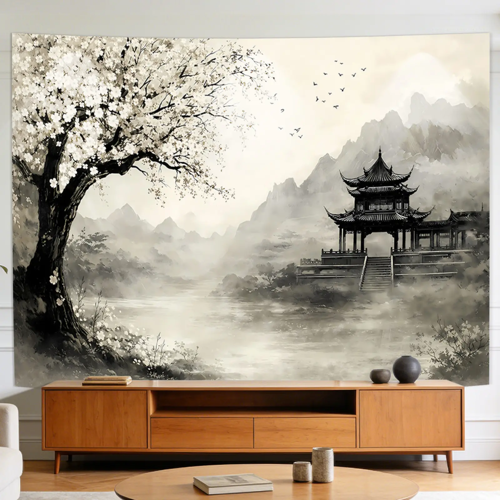 A Tapestry Featuring a Large Or Small Design of Cherry Blossoms, Temples, Mountains, a Misty River, And Birds, Perfect for Decorating Walls in Living Rooms, Meditation Spaces, Offices