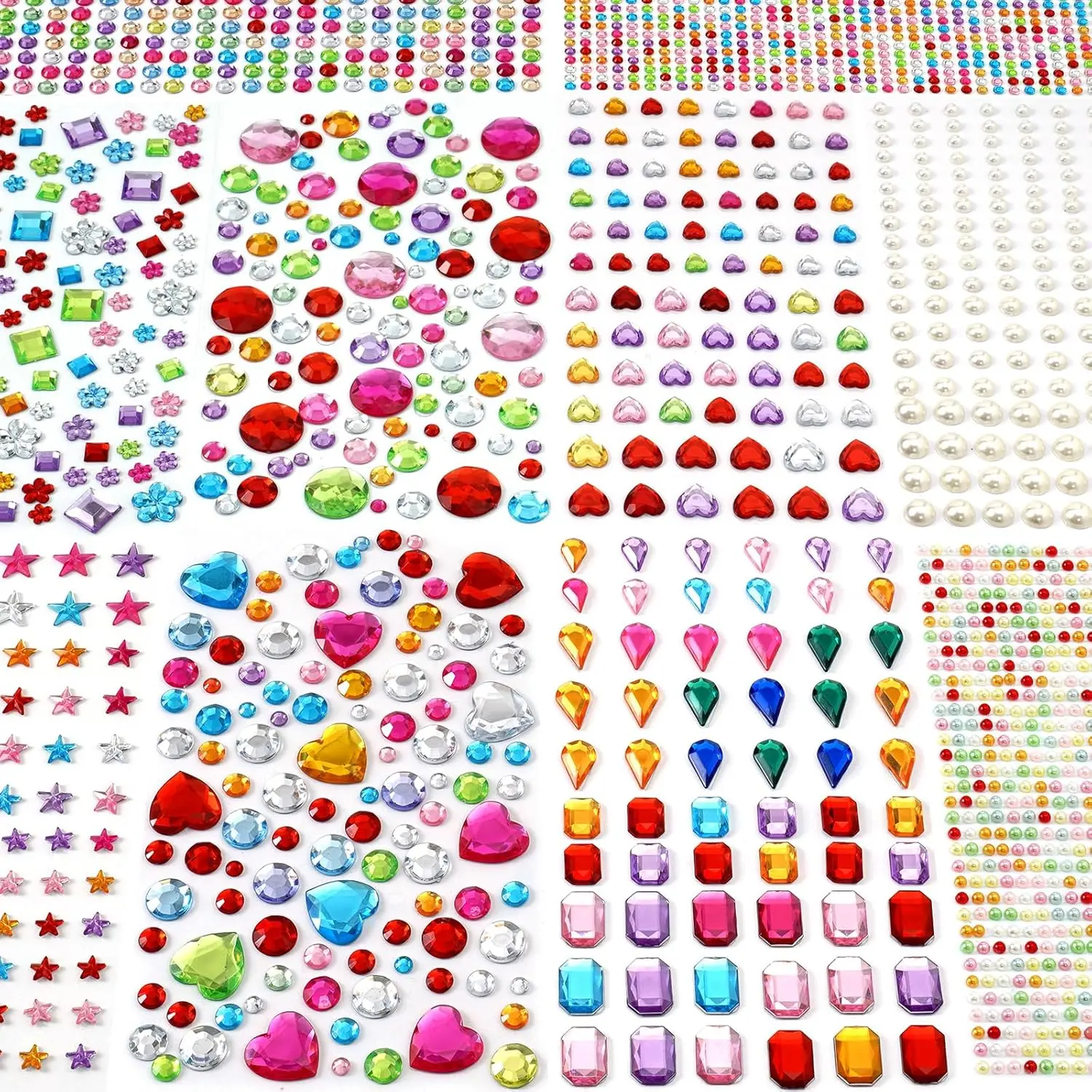 2774 Pieces Self-Adhesive Acrylic Gem Stickers - Square, Hearts, Water Drop Bling Jewels for Kids' Craft Supplies, Artistic Expression, Home & Festive Party Cake Decorations