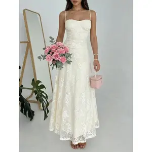 Women's Ivory White Lightweight Lace Maxi Dress, Chic Fitted Thin Strap Sweetheart Neck A-Line Floral Lace Dress, Ideal Romantic Vacations, Island Travel, Formal Dinners, Parties, Proms, Anniversaries, Birthday Banquets & Soft Dating Looks