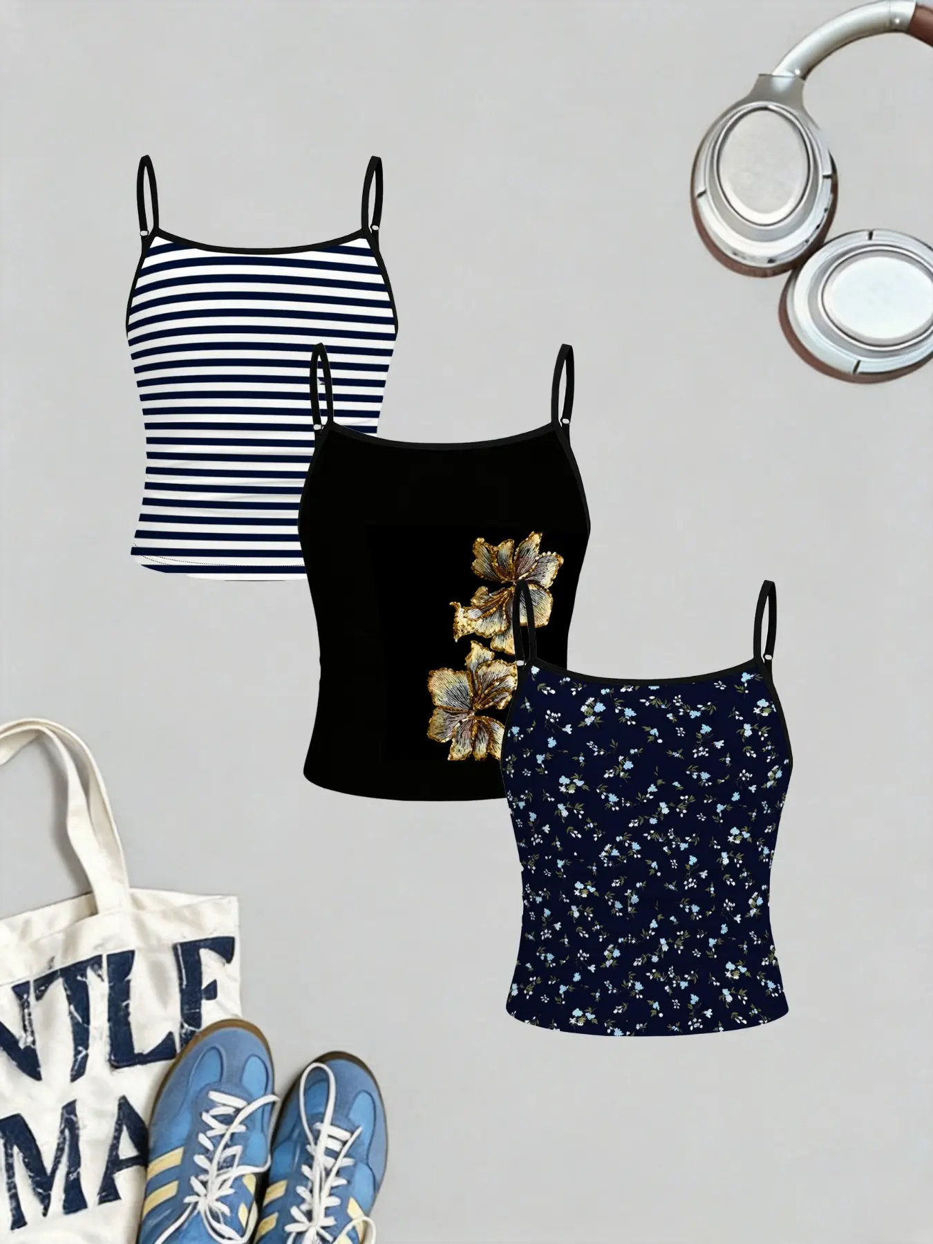 3-Piece Girls' Printed Strapless Vest Set, Striped, Floral, Flower Prints, Y2K Style, Fitted Sleeveless Innerwear, Summer Casual