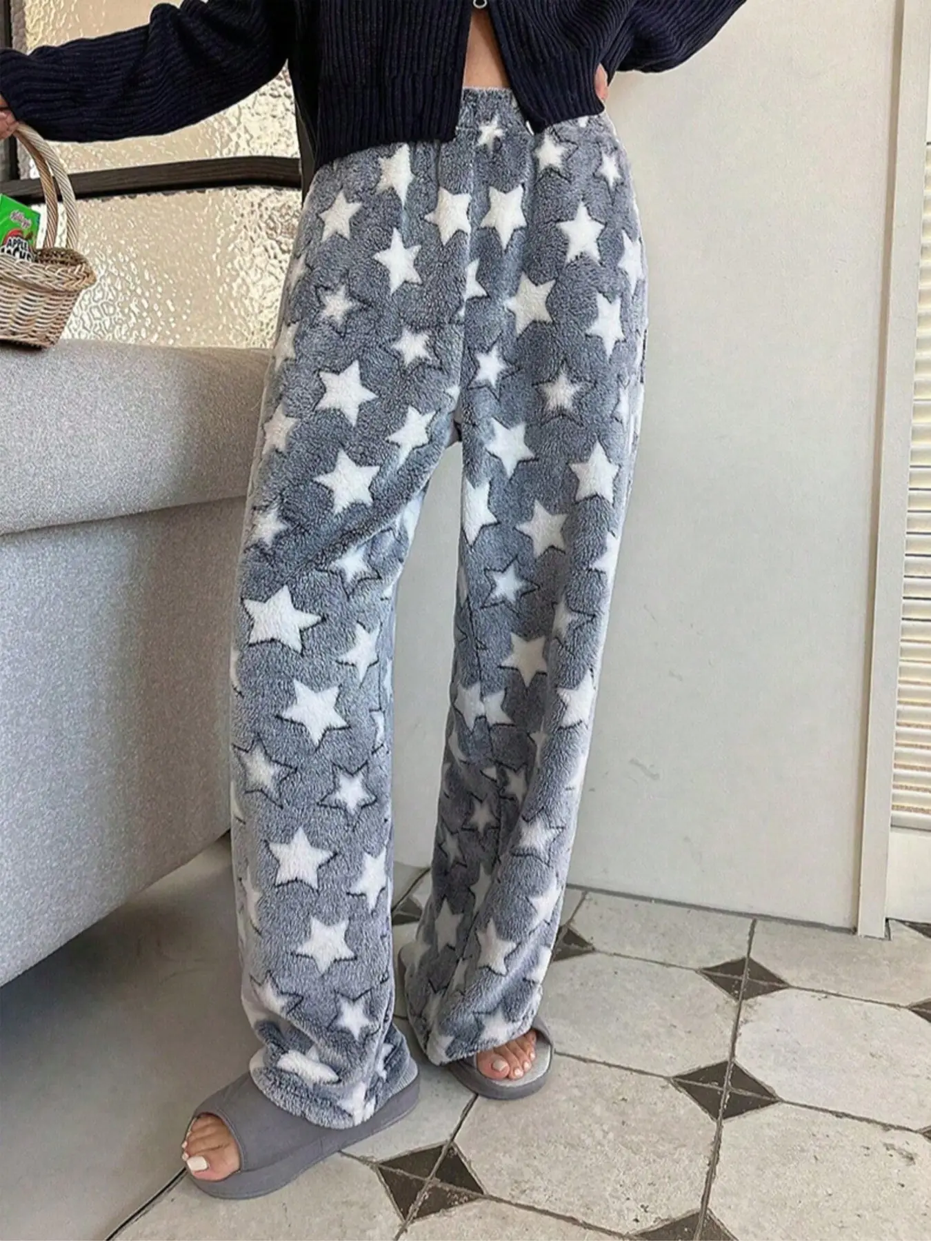 Women's Star Fuzzy Pants Set, Cozy Home Wear, Fall Winter Plus Size Long Pants, Soft Plush Lounge, Comfortable Casual Clothing