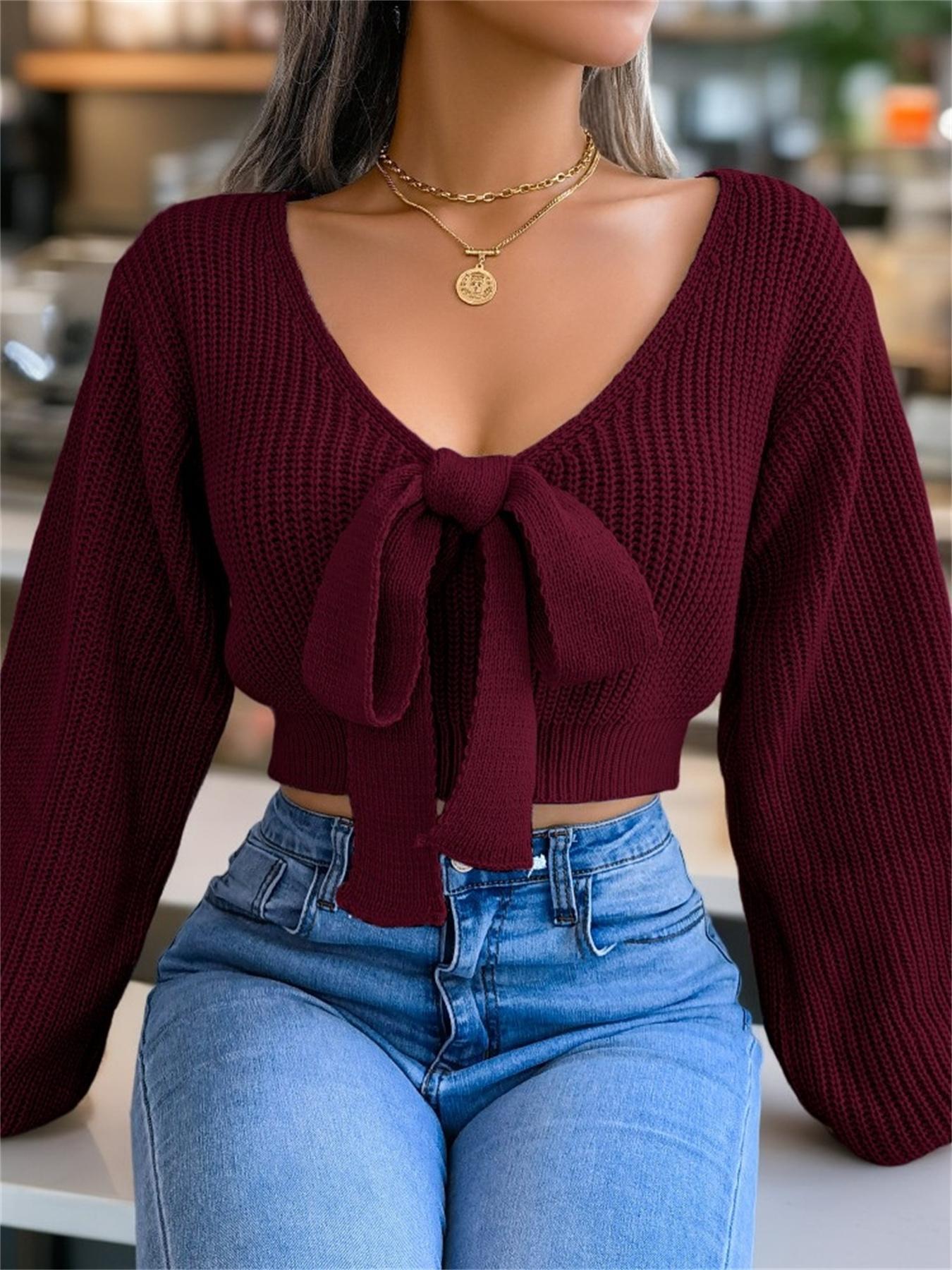 Women's Plain Bow Decor Tie Front Fitted Crop Sweater, Casual Chic Bishop Sleeve V Neck Jumper for Fall & Winter, Women's Knitwear for Daily Wear