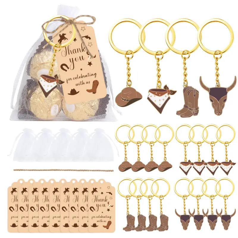 Cowboy Party Favors - Cowgirl Keychain Set with Thank You Tags, Key Rings for Western Baby Shower, Rodeo Theme Birthday Keyrings