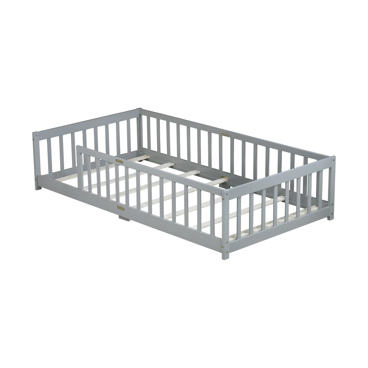 Twin Size Floor Bed with Fence without Door, Twin/Full/Queen Size Bed Floor Bed with Safety Guardrails and Door,Twin/Full Size Montessori Floor Bed for Kids, Solid Wood Bed Frame with Fence, Door & Safety Guardrails, CPC Certified