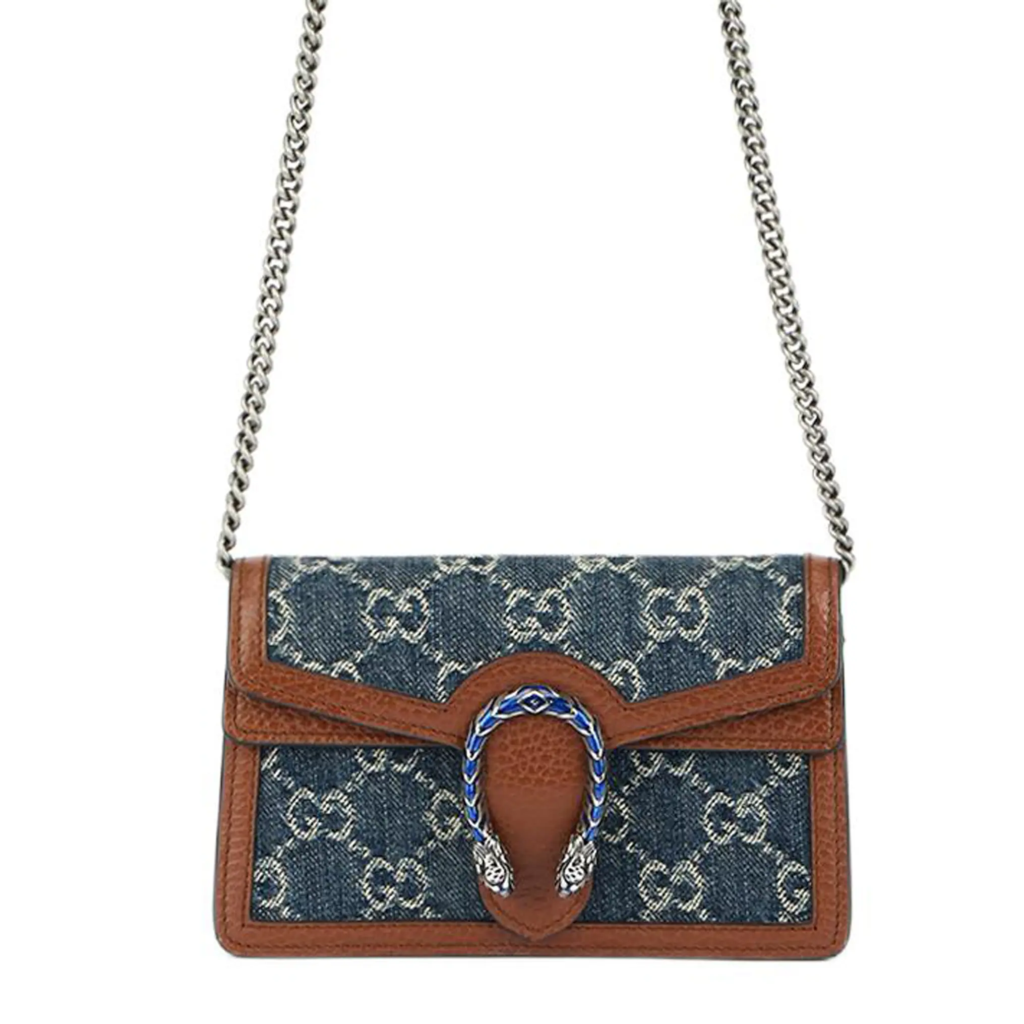 Gucci Dionysus Distressed Tiger-Head Clasp Chain Bag for Women – Grey-Blue and Brown Denim-Leather Hybrid