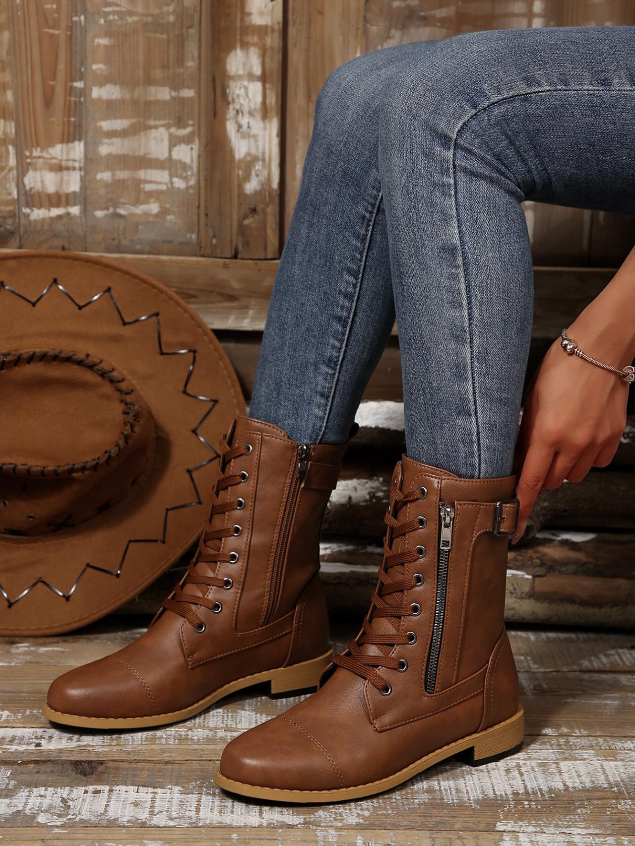 British Vintage Women's Autumn/Winter New Style  Fashion Chunky Heel Comfortable Side Zipper Solid Color Belt Decorated Ankle Boots, Women Shoes