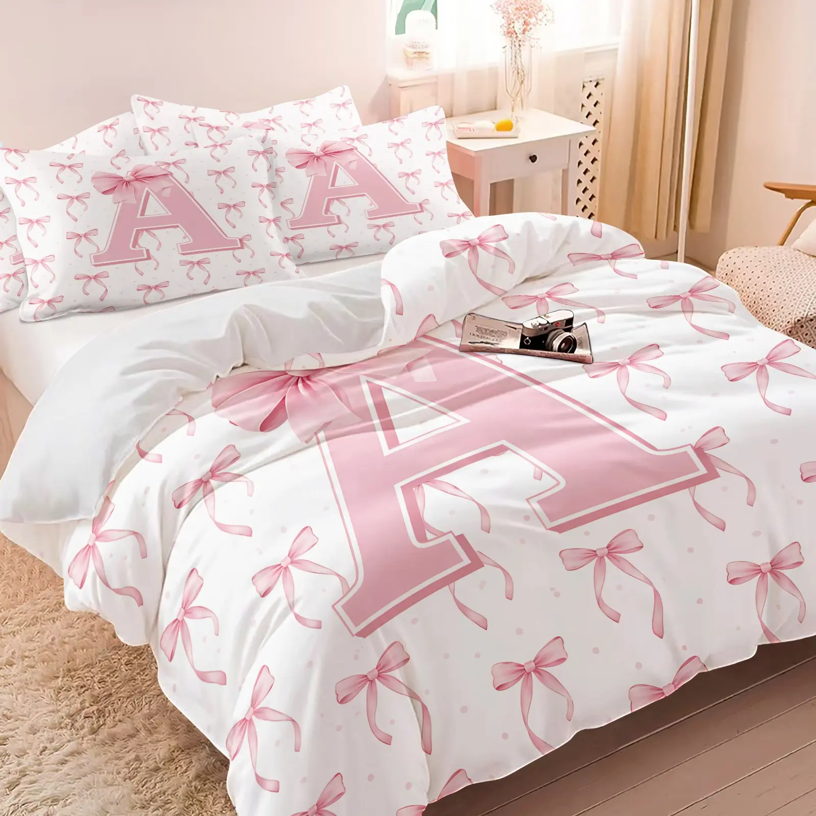 Coquette Pink Ribbon Initial A Duvet Cover Set, 1 Duvet Cover + 2 Pillowcases, Preppy Bow Pattern Bedding Set, Soft Microfiber All Season, Cute Teen Bedroom Decoration, Gift for Girly Decor Enthusiast