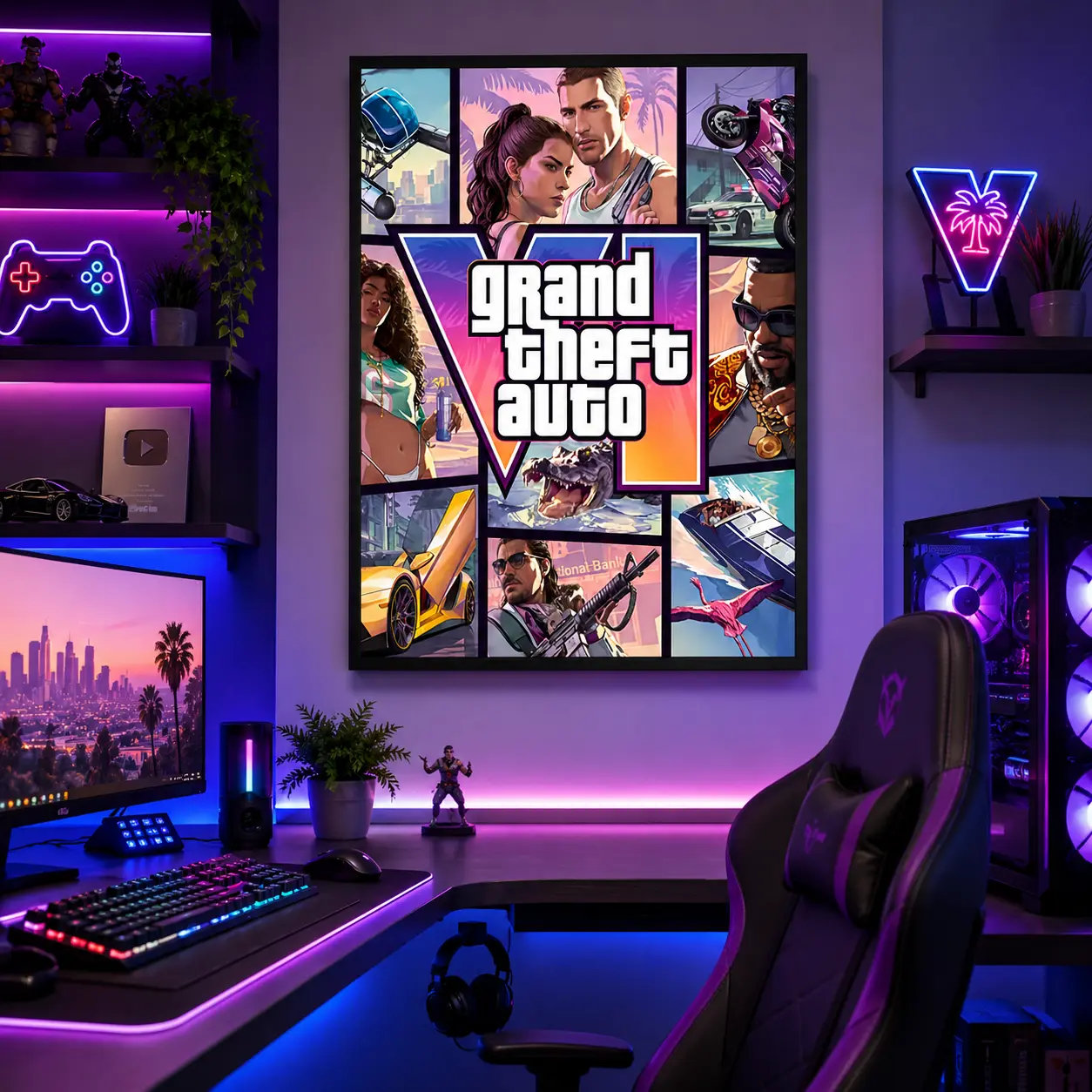 GTA 6 Poster, Grand Theft Auto VI Release Date Poster Wall Art Aesthetic Poster Quirky Animal Oil Painting Style Fun Picture Canvas for Teen Room Bedroom Studio Unique Wall Decor Home Decor Picture with Wooden Frame
