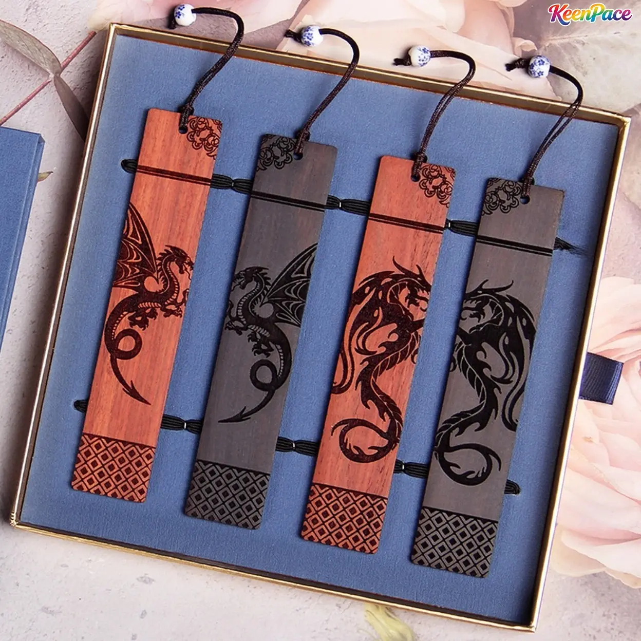 4Pcs Wood Dragon Bookmark Gift Set With Premium Gift Box, Cool Vintage Dragon Engraved Book Accessories For Men, Sentimental Novelty Christmas Holiday Present For Adult Book Lovers,father's day gifts,back to school,back to school haul
