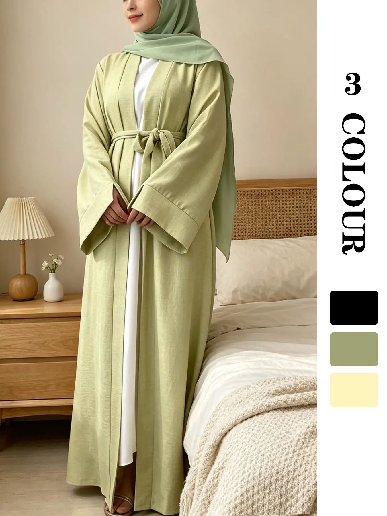 Muslim Sleepwear Macaron Color Bamboo Abaya, Cream Texture Fabric, Wide Sleeve Loose Fit, 3 Colors 5 Sizes, Spring Summer Street Style, Long Sleeve Abaya