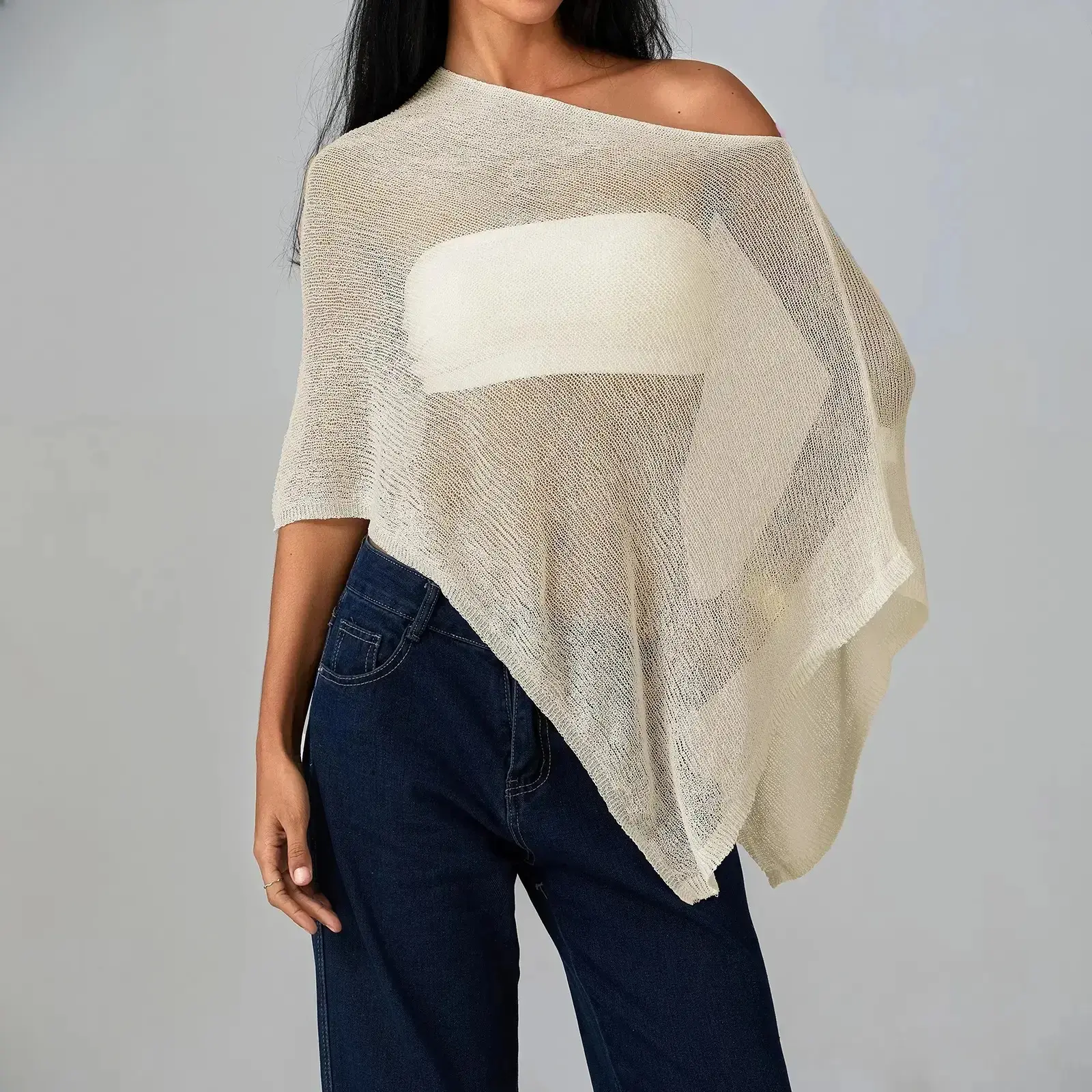 Women's Knit Crochet Sheer Poncho Shrug,Y2k Solid Color Irregular Hem Loose Shawl, Lightweight See Through Summer Shawl, Y2k Knit Croche Casual Beach Swimsuit Coverup, Ideal for Beach Vacation, Poolside Wear, Casual Outfits Beach cover-up Summervibes