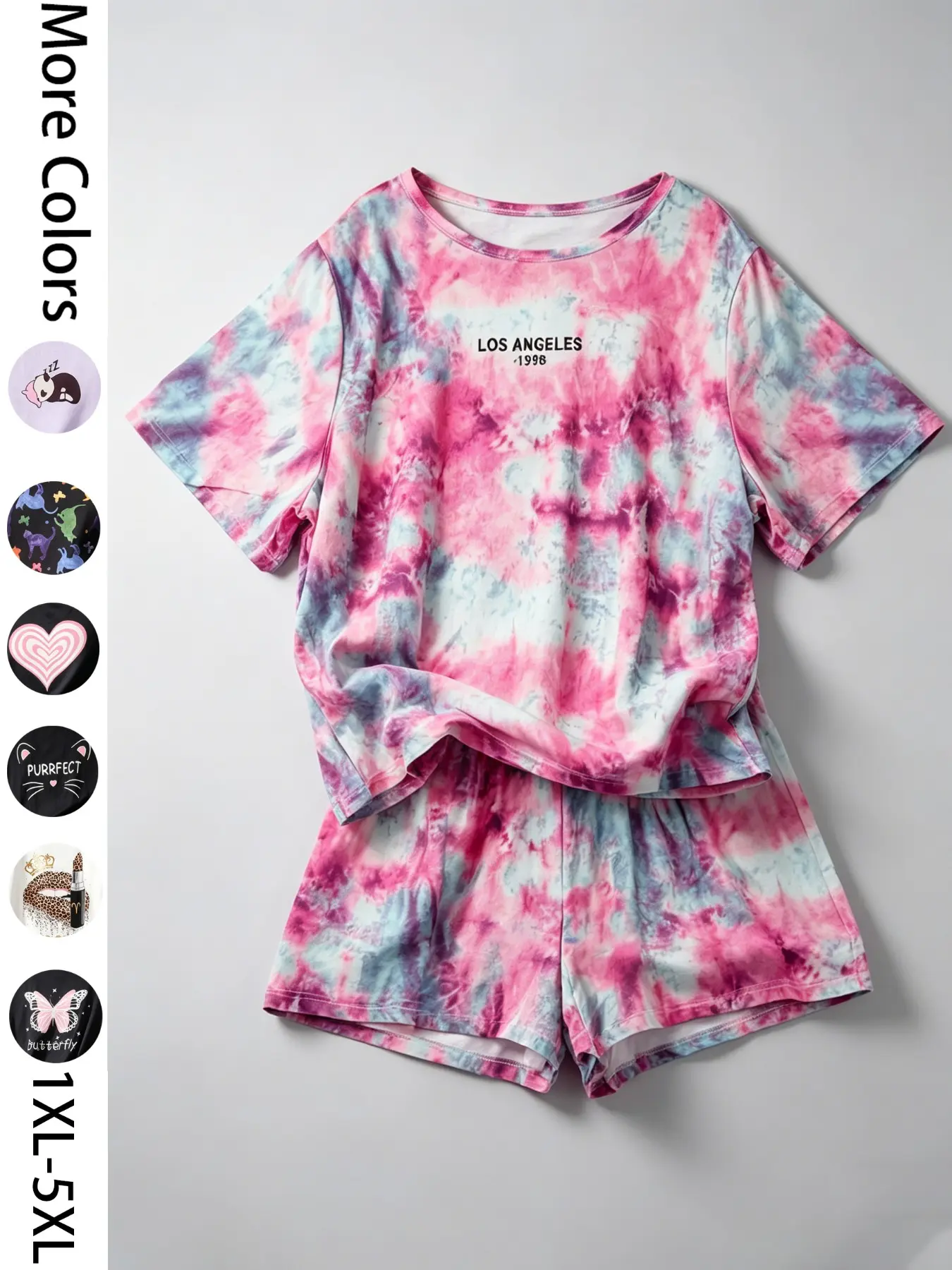 Women's Plus Size 2-Piece Pajama Set, Casual Loose-Fit Short-Sleeve Top and Shorts, All-Over Print, for Home and Outdoor Wear, Loungewear Pjs Set