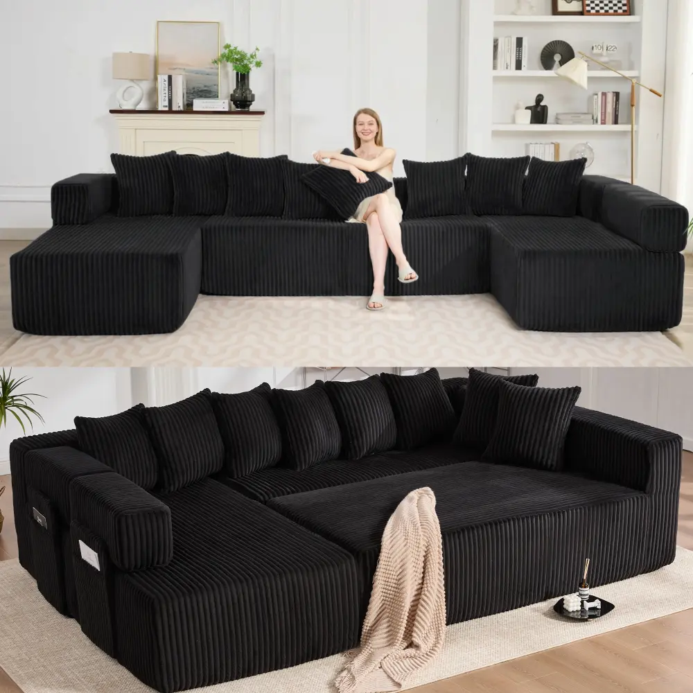 146" U Shaped Sectional Sofa, 5 Seats Convertible Sleeper Couch & L-shaped, 8 Pillows, Free Combination, Oversized DIY Sofa, Magazine Bag, Corduroy, BLACK