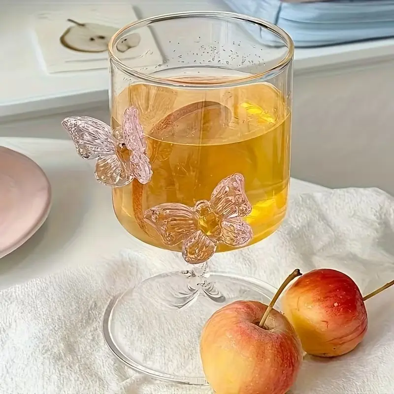 2pcs Butterfly Stemware Glass Cups, 250ML High Borosilicate, Heat-Resistant, Vertical Ribbed, Round Rim, Ideal for Beverages