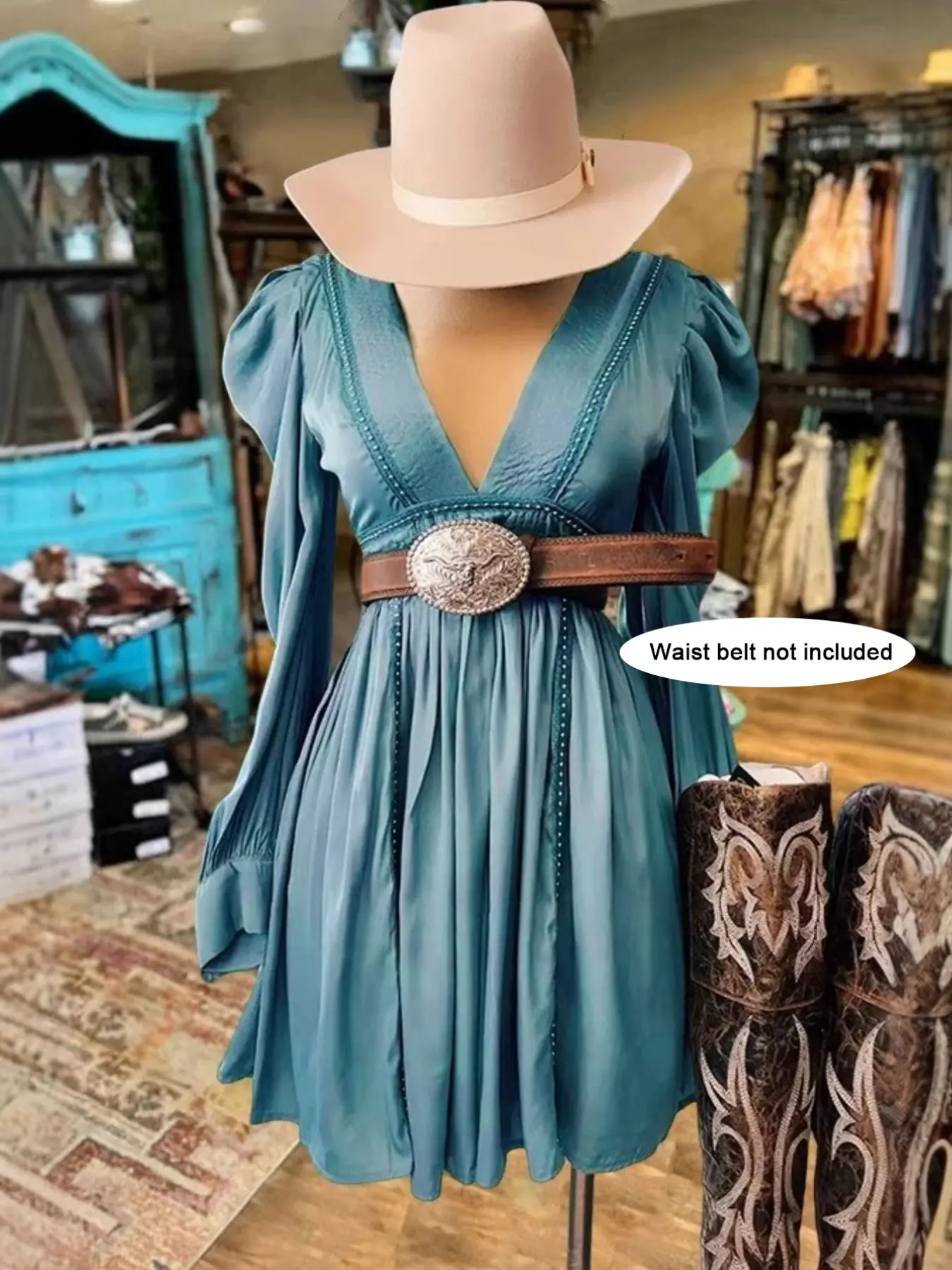 Women's Western Bohemian Teal V-Neck Long Sleeve Dress, Waisted A-Line Mini Dress (Belt Not Included)