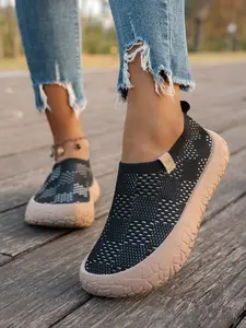 Women’s Geometric Dot Knit Slip-On Sneakers, Low Top Casual Walking Footwear with Hollow Knit Uppers and Rugged Textured Chunky Outsoles for Daily Errands, Outdoor Strolls and All-Purpose Everyday Outfits