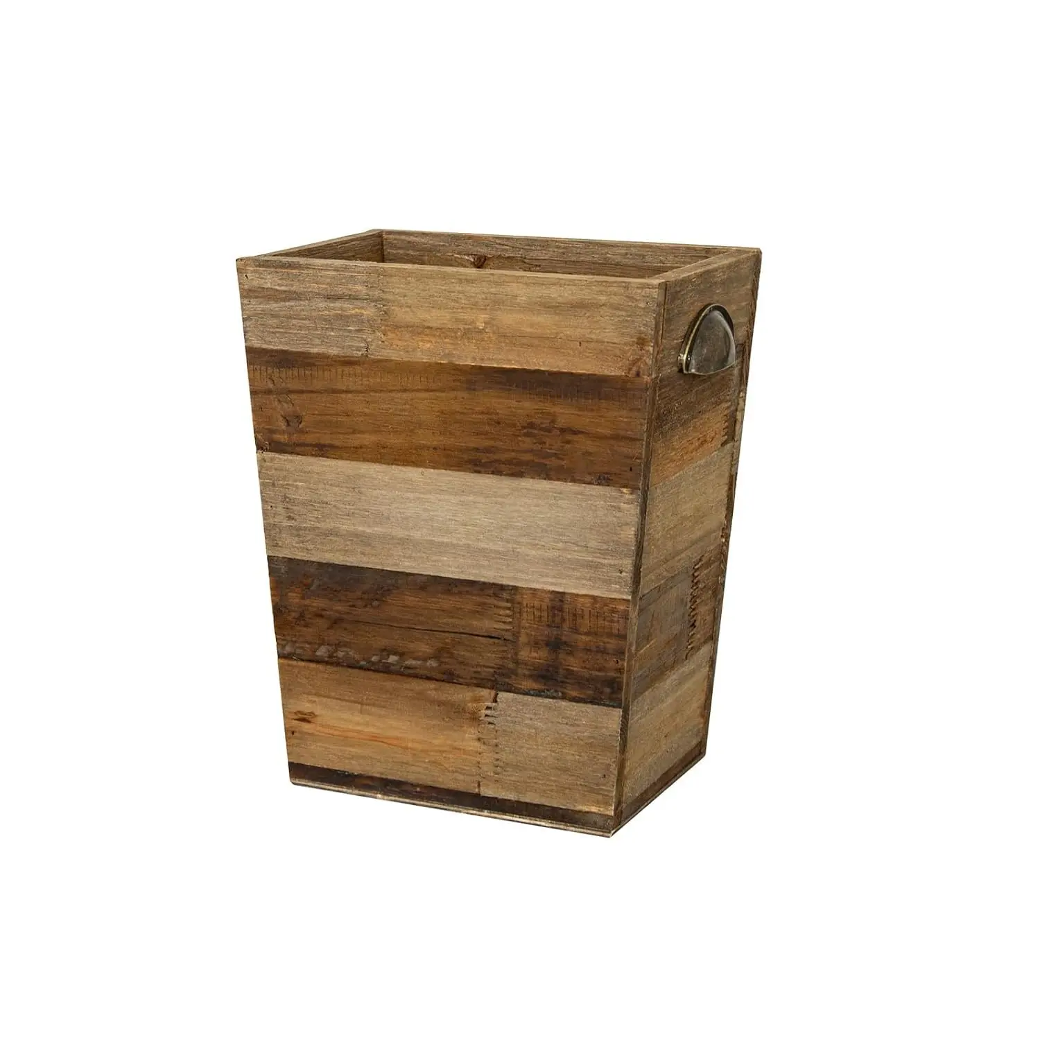 Vintage Small Rectangular Wood Trash Can, Farmhouse Rustic Distressed Reclaimed Wood Garbage Waste Basket, Recycling Storage Bin with Metal Handles (Natural)
