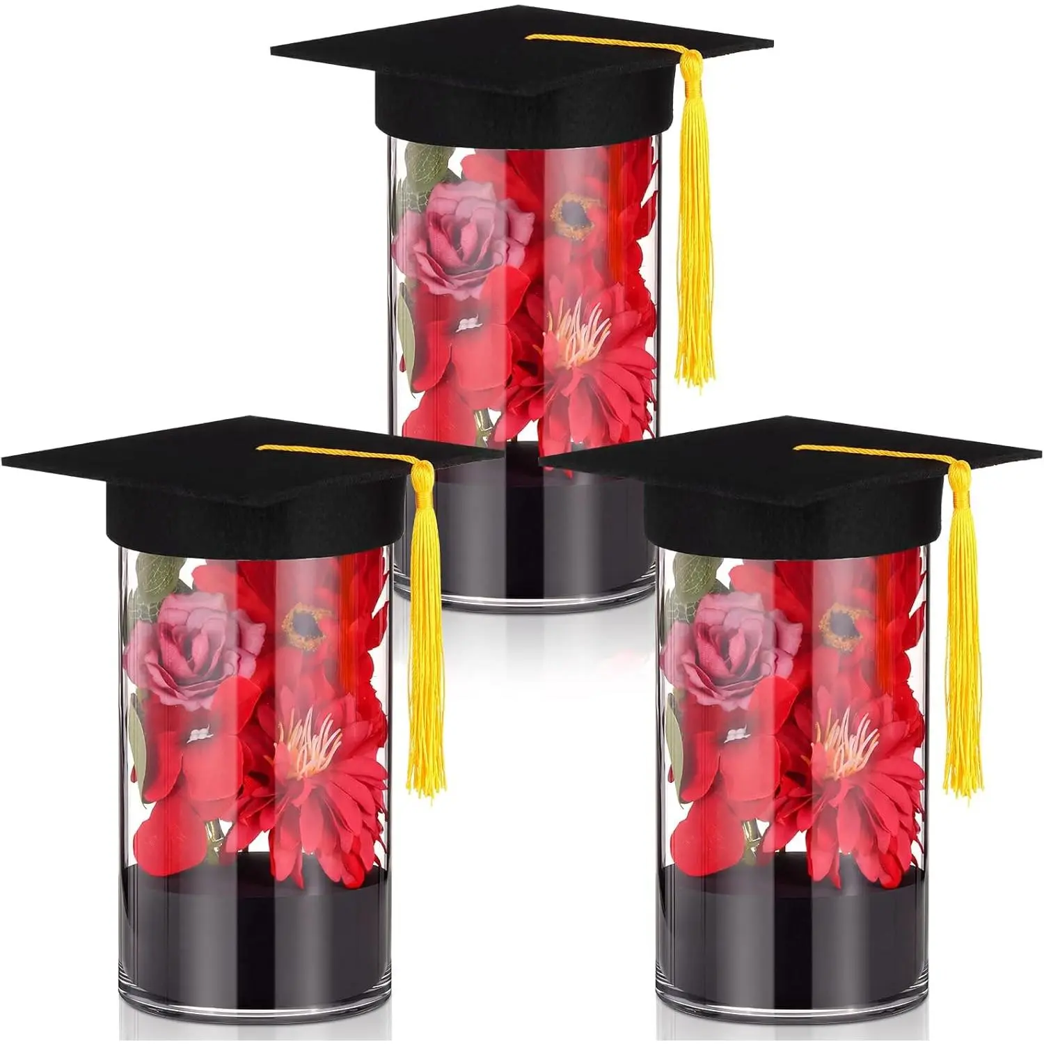 FoldTier 38-Piece 2026 Graduation Table Centerpieces DIY Kit, Mason Jar Style Vases, Felt Cap Tops, Felt Silk Acryl Artificial Flowers, Eucalyptus Sprigs, Class of 2026 Red Festive Party Decor Gifts, Photo, Table Decor