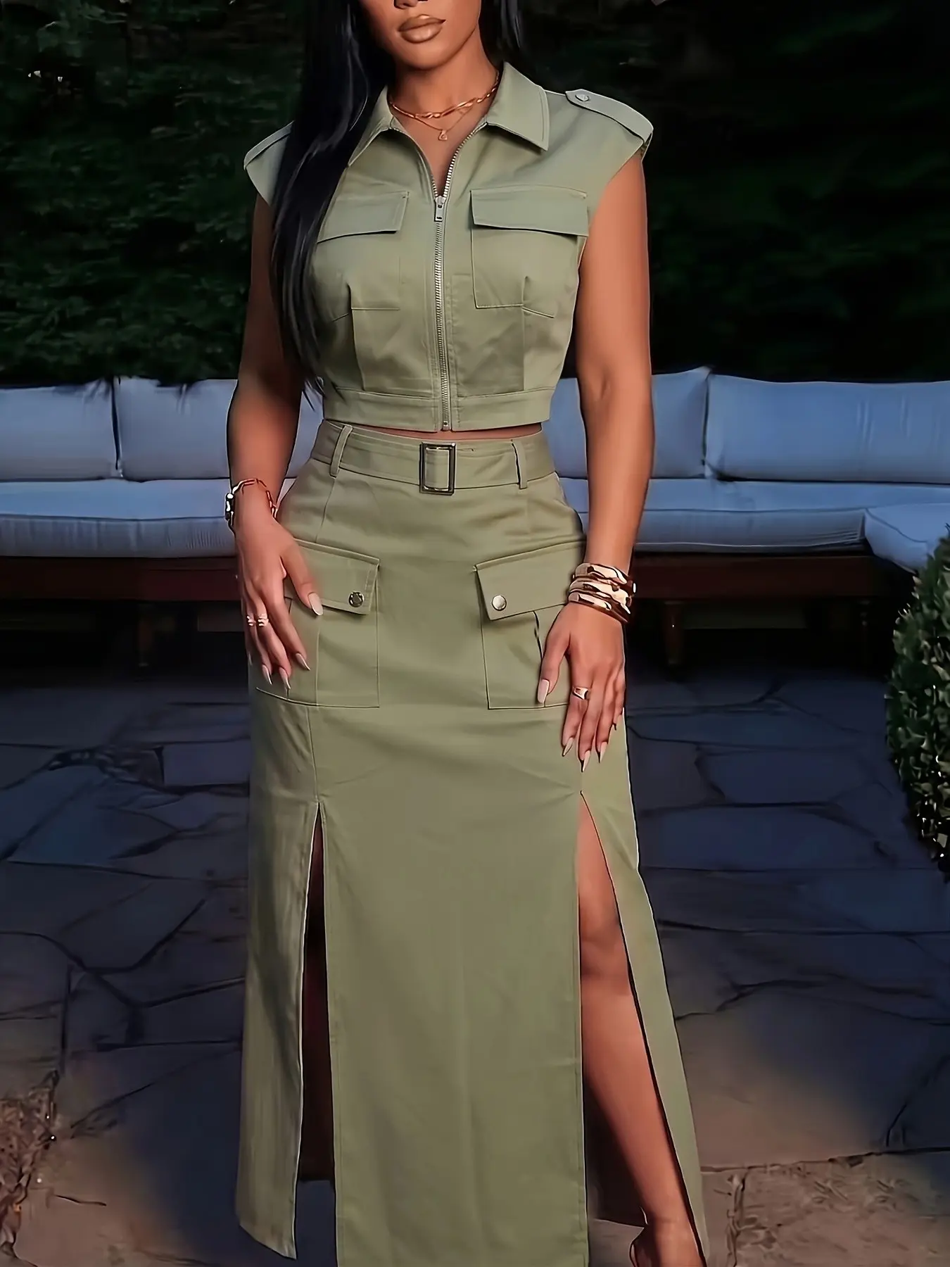 Vintage Workwear Style Women's Suit, Utility Vest Sleeveless High Waist Split Skirt Two-Piece Set, Casual Slim-Fitting Plain Design for All Seasons