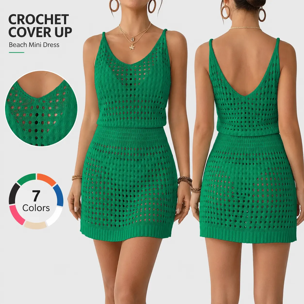 Women's Solid Ribbed Knit Crochet Sleeveless Short Cover Up Dress - Slight Stretch, Casual Beach Holiday Wear, Sports & Outdoor Swimwear Cover Up, Crochet Dress