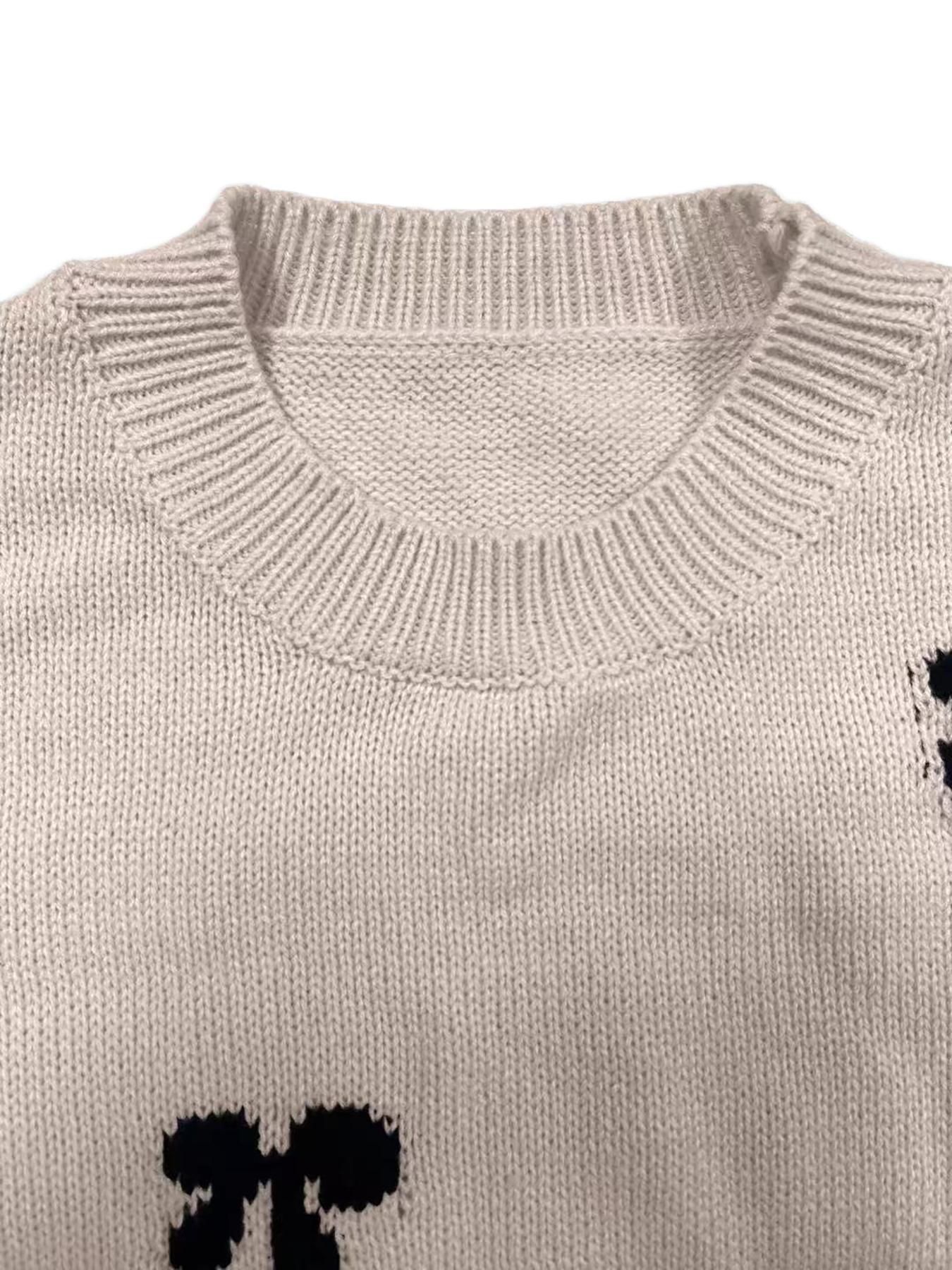 Elegant Bow Pattern Knit Pullover Sweater, Chic Long Sleeve Round Neck Casual Top for Fall & Winter, Women's Fashion Daily Wear