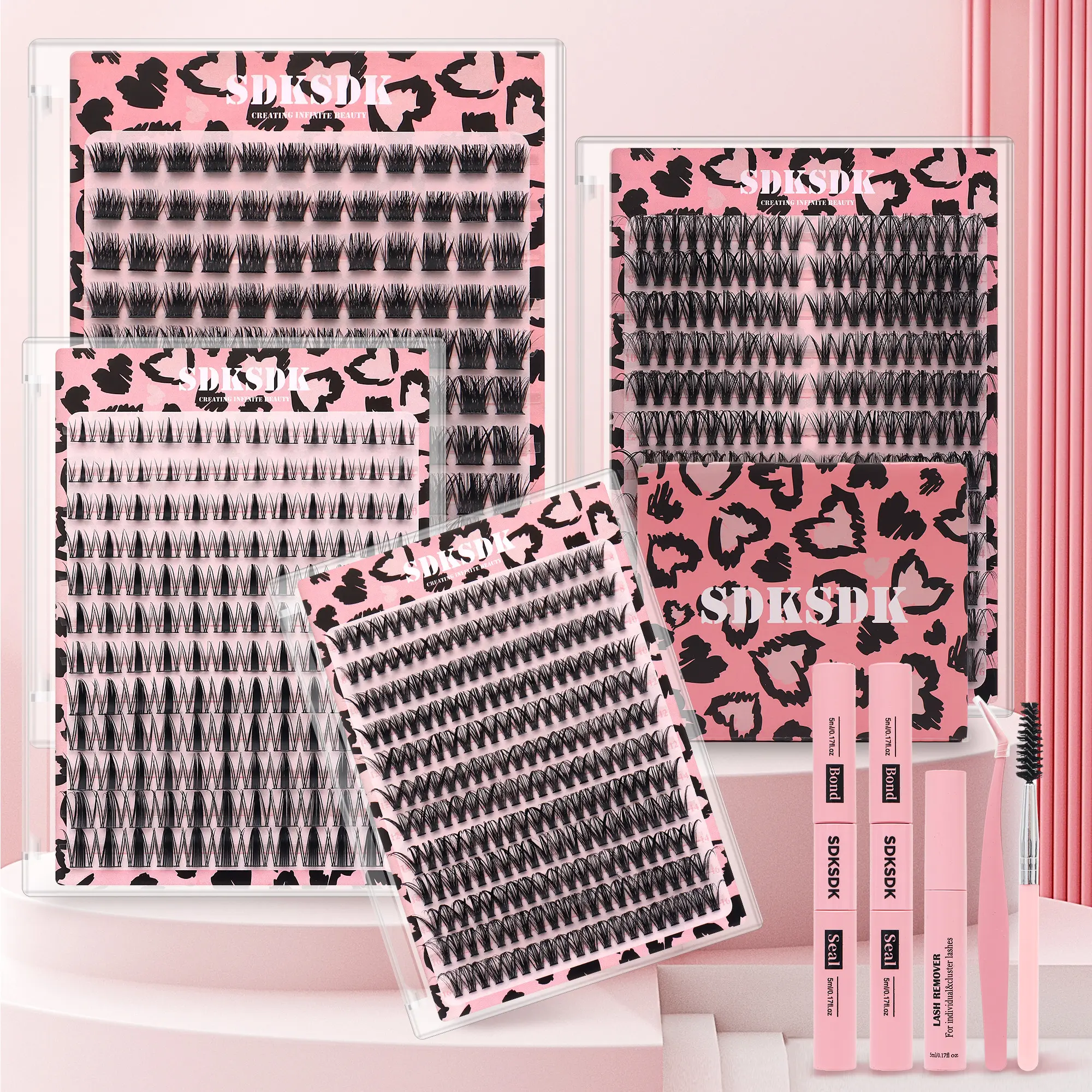 4 Styles Lash Clusters Kit,1 Set Mixed Length Individval Eyelash Extensions Kit,Self Grafting False Eyelashes with Tweezers&Glue&Remover,Prefessional Eye Makeup Accessories for Women Cosmetic