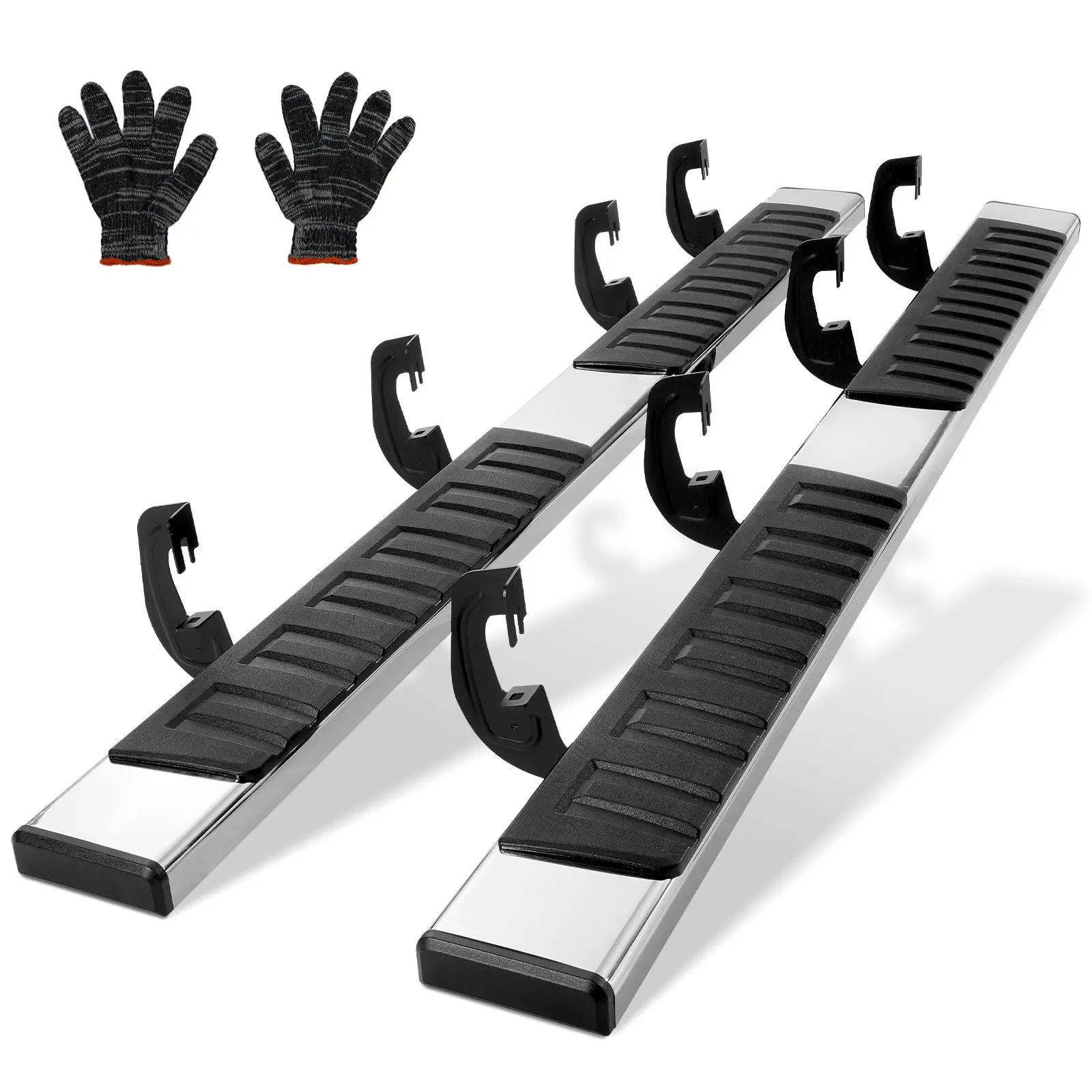 VEVOR 6-inch Rust-Resistant 2-Piece Set Running Boards, 201 Stainless Steel Step Bars for 2007-2018 Chevy Silverado/GMC Sierra 1500 Crew Cab, 2019 2500HD/3500HD/1500 LD, 500LBS Load Capacity, Easy Install with 5-Step Guide, Complimentary Gloves