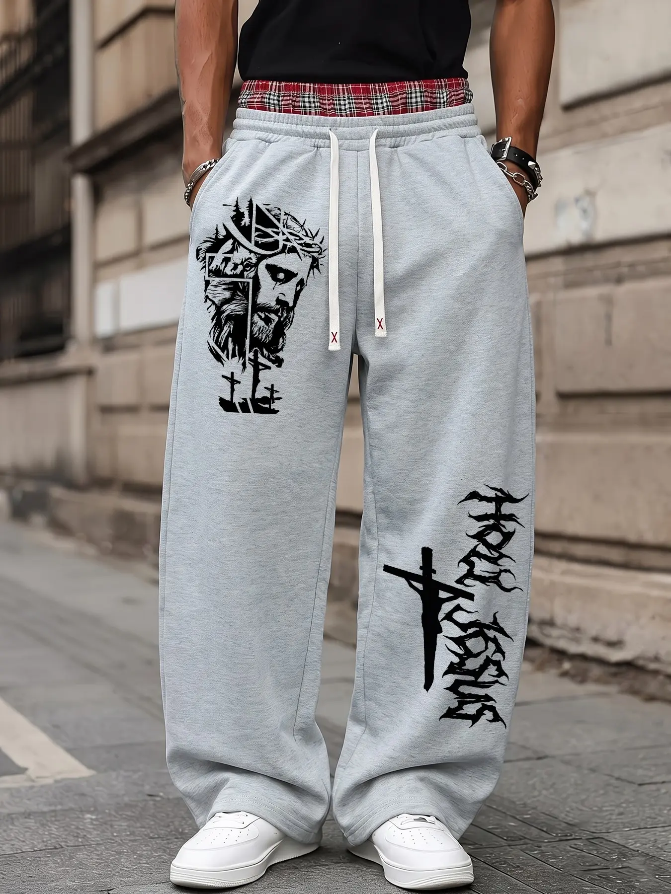Grid Two-Piece Waistband Thorn Jesus Cross Dark Style Print Light Wide-Leg Casual Sweatpants, Fall Loose-Fitting Pants