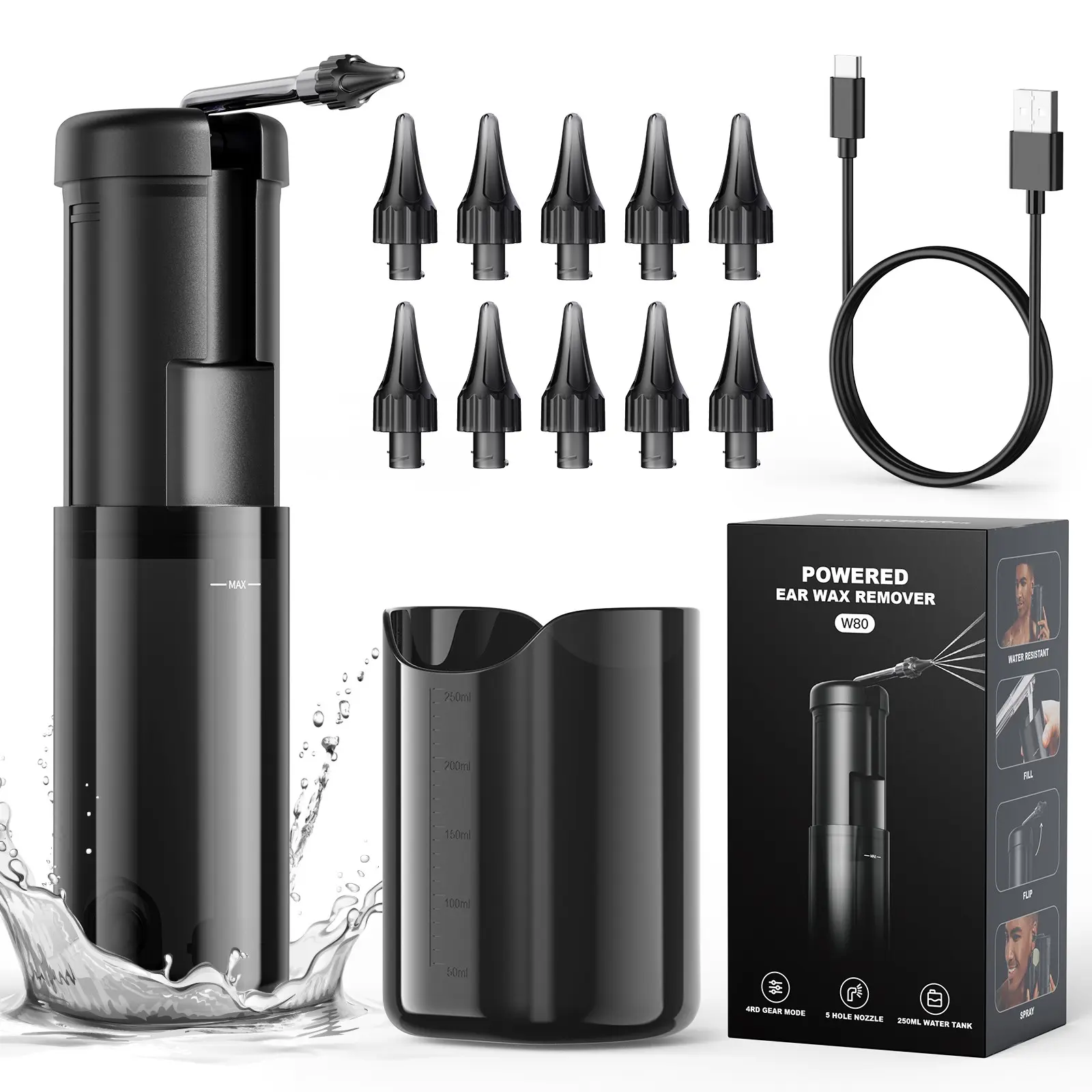 Electric Ear Wax Remover Kit, Rechargeable Adult Ear Cleaning System, Large Water Tank, Safe Deep Ear Cleansing Tool, 10 Replacement Parts, Earwax Removal Tools