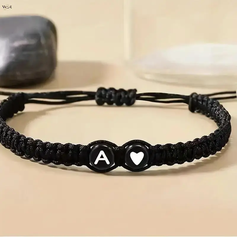 Adjustable Braided Initial Letter Bracelet A-Z Full Alphabet 5-10cm Stretch Size, Black Cord Monogram Heart Charm Wristband, Custom Name Couple Friendship Woven Bracelet Gift