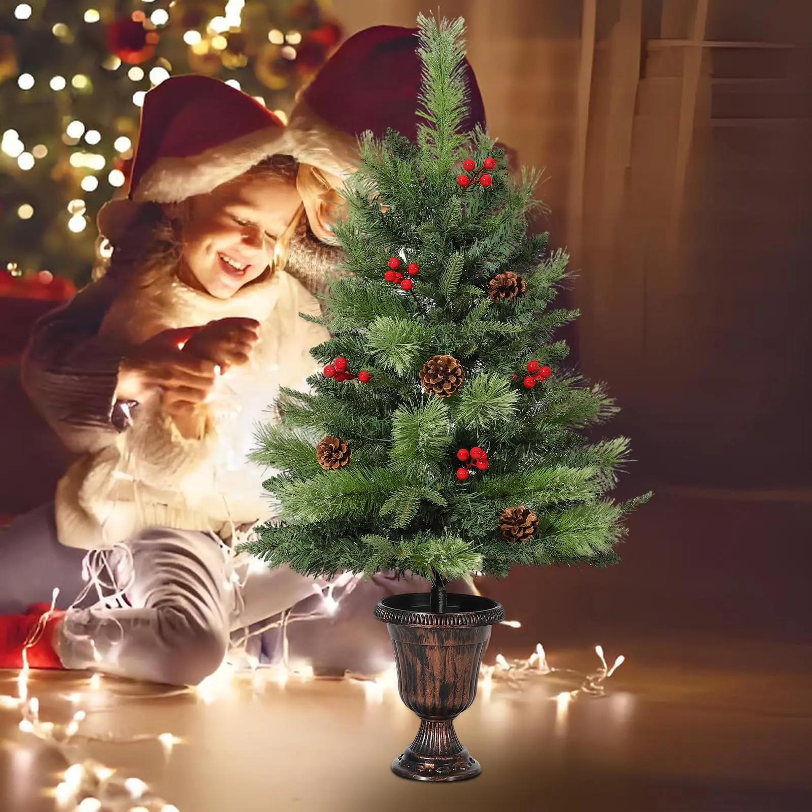 2 Pack 36-Inch Pre-Lit Tabletop Christmas Trees, 3FT Battery-Operated Artificial Mini Tree Set with Pinecones, Berries, Warm LED Lights, Traditional Ornaments - Easy Setup Home Festive Decoration for Desk, Mantel