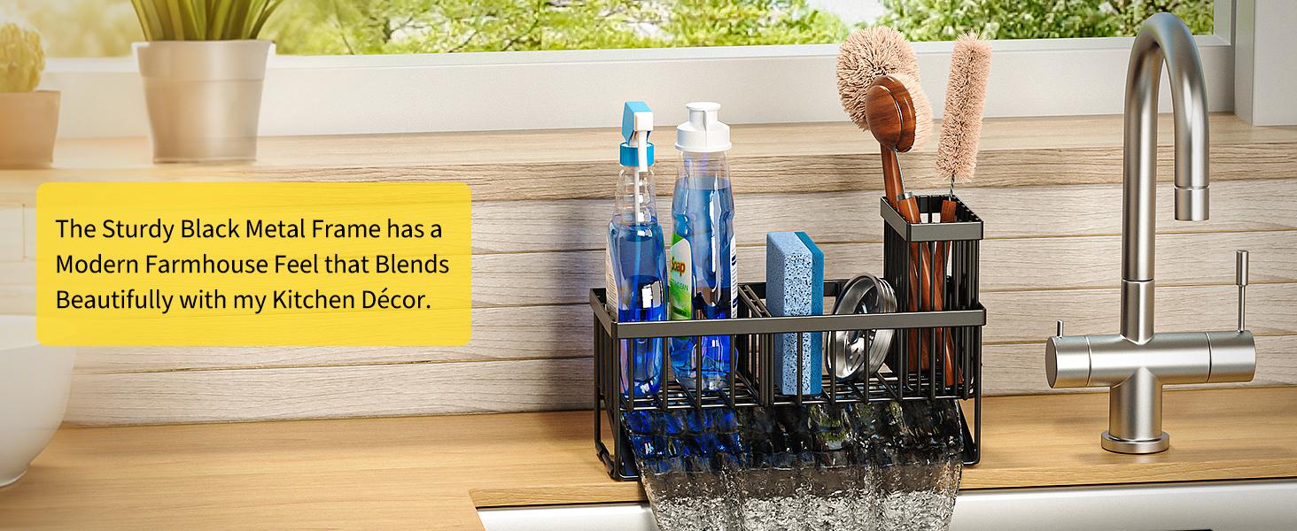 Sink Caddy Sponge Holder for Kitchen with Brush Holder and Stainless Steel Self Drain Tray, Rustproof Kitchen Sink Organizer for Sponge, Soap Dispenser Storage Accessories