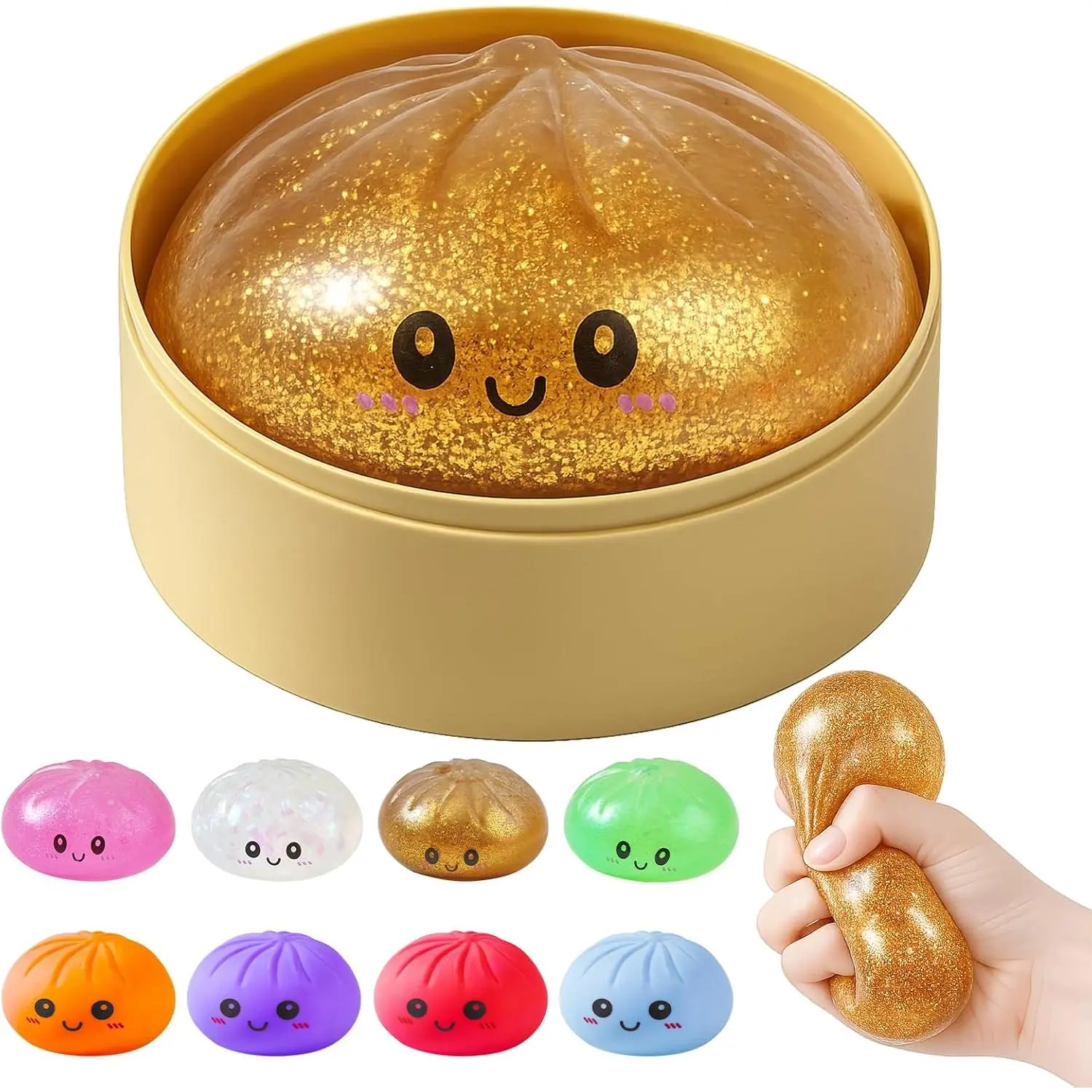 Golden Squishy Dumpling Mystery Box - Unisex No-Battery-Needed Stress Relief Fidget Sensory Toy with Food Steamer, Satisfying Rebound Desk Toy, Office Stationery Stocking Stuffer