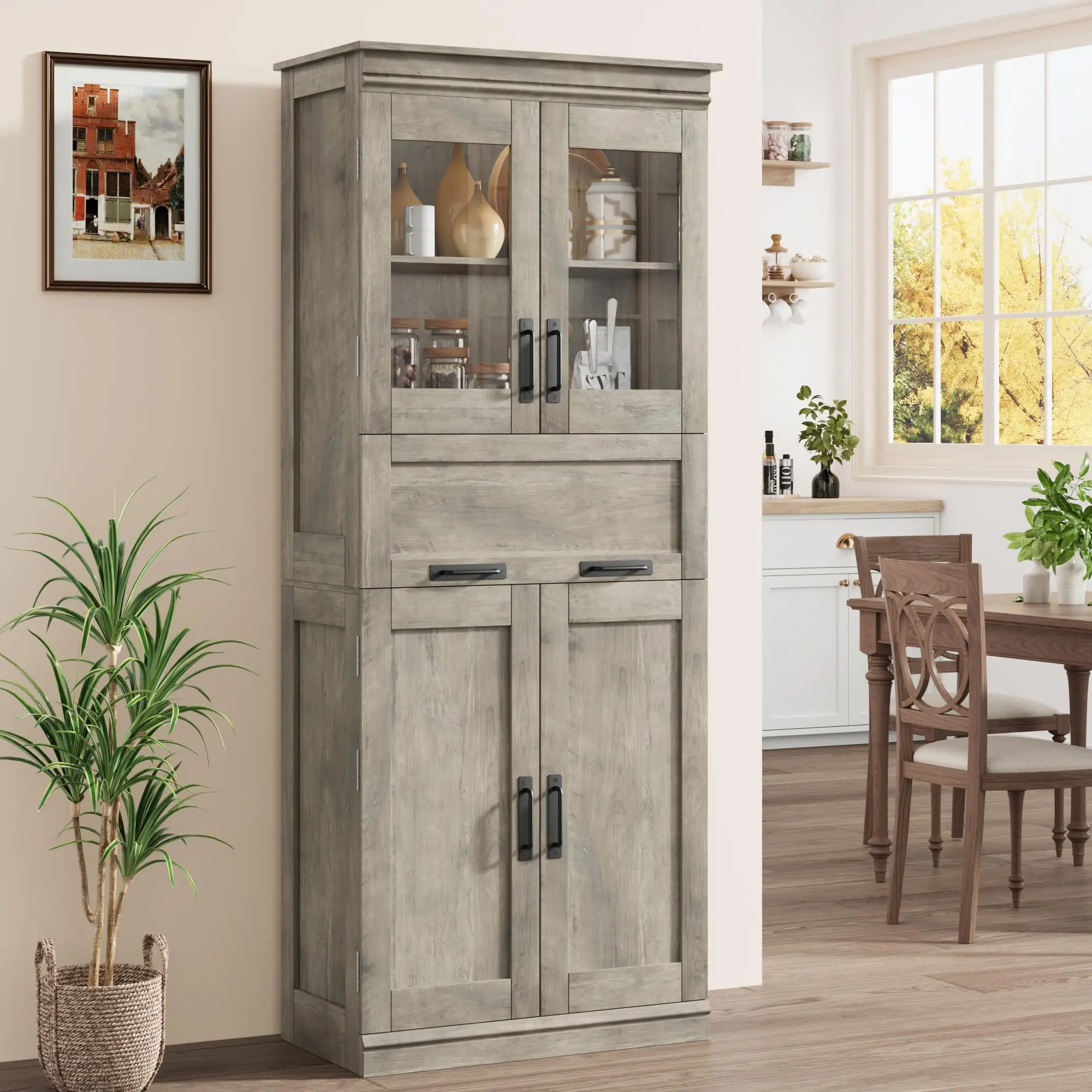 Tall Bathroom Cabinet – Freestanding Storage Cabinet with Glass Doors and Adjustable Shelves and Drawers – 67" Tall Cabinet for Kitchen, Pantry, Living Room, Bathroom, Laundry Room
