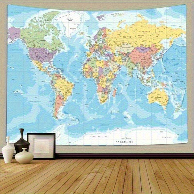 Colorful Educational World Map Wall Tapestry - Tapestries with Countries & Major Cities, Durable Peach Beige Fabric, Multiple Sizes, Easy-Install Hooks, Smooth Texture for Youngsters' Room, Living Room, Indoor Use, No Electricity Needed
