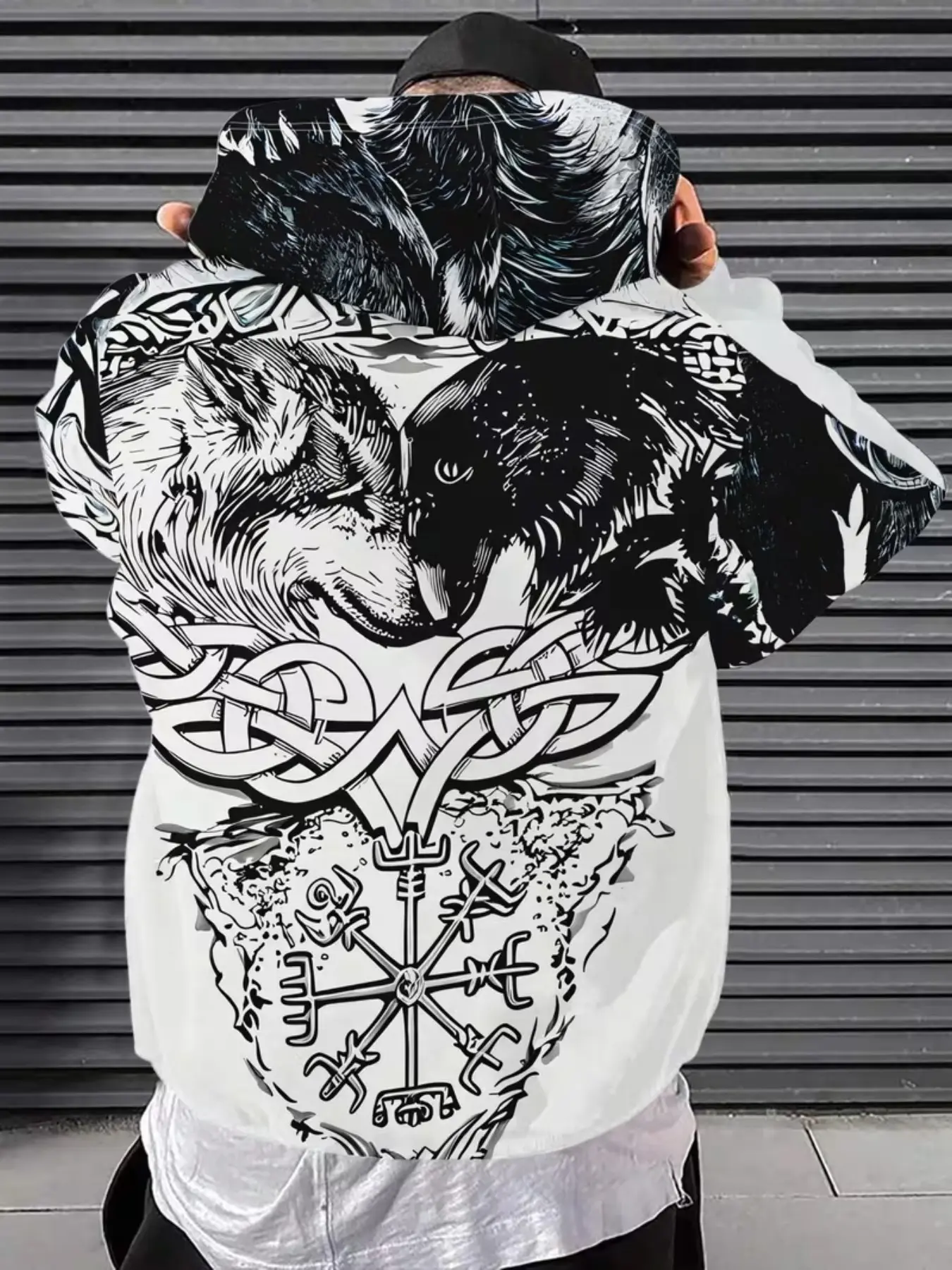 Men's Viking Style Wolf Head Totem Hoodie, Trendy Unique Print Polyester Pullover, Casual Daily Wear, Fashionable and Comfortable