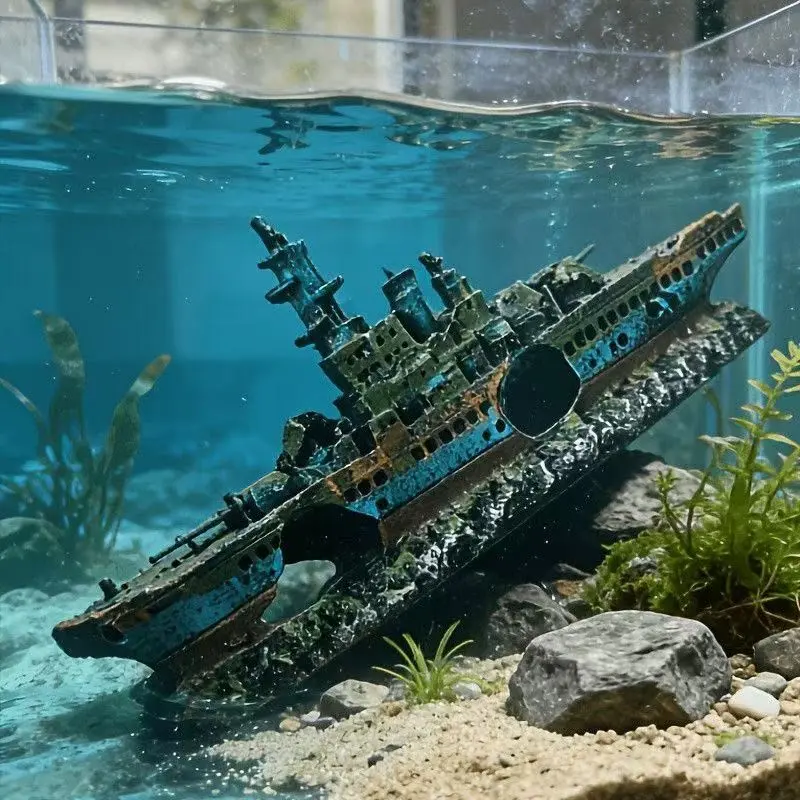 Vintage Weathered Battleship Aquarium Decor, Fish Tank Decorations, Immersive Deep Sea Shipwreck Scene, Perfect for Halloween Decoration, Mystical Underwater Theme
