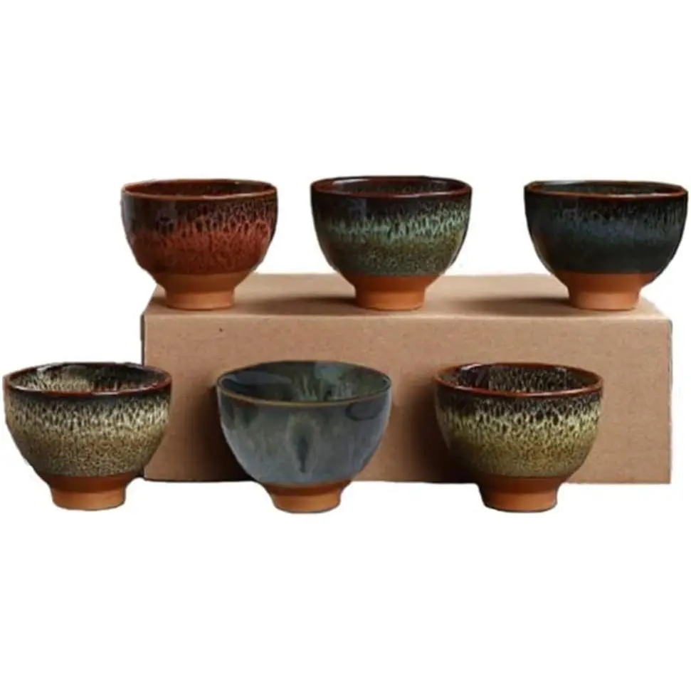 Better-Love 6PCS Handmade Ceramic Espresso/Tea/Sake Cup Gift Set (2.5oz) - 6 Colors, Chinese Pottery Teacups & Japanese Style Cups