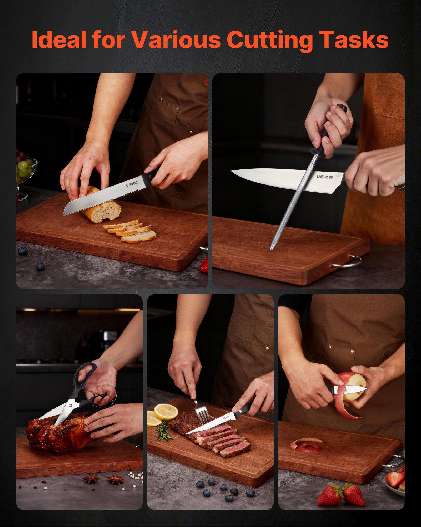 VEVOR Kitchen Knife Set with Block and Sharpener, 15 Piece German High Carbon Stainless Steel Knife Set, Kitchen Cutlery with ABS Ergonomic Handle, Sharpening Rod and Wooden Block, for Home Cooks VEVOR Kitchen Knife Set with Block and Sharpener, 15 Piece German High Carbon Stainless Steel Knife Set, Kitchen Cutlery with ABS Ergonomic Handle, Sharpening Rod and Wooden Block, for Home Cooks