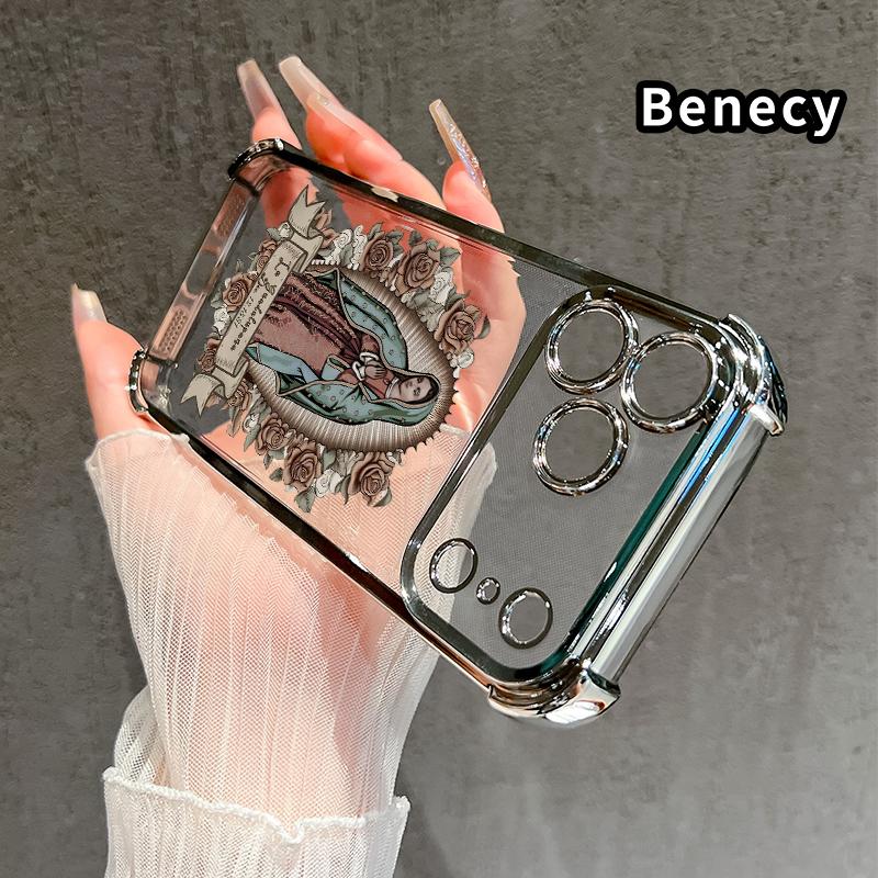 Protective Four Corners Plated Clear Phone case for iPhone 17 Pro Max 16 15 Plus Air 14 13 12 11 E Guardian Angel Patterned Shockproof Transparent Soft Silicone Cover