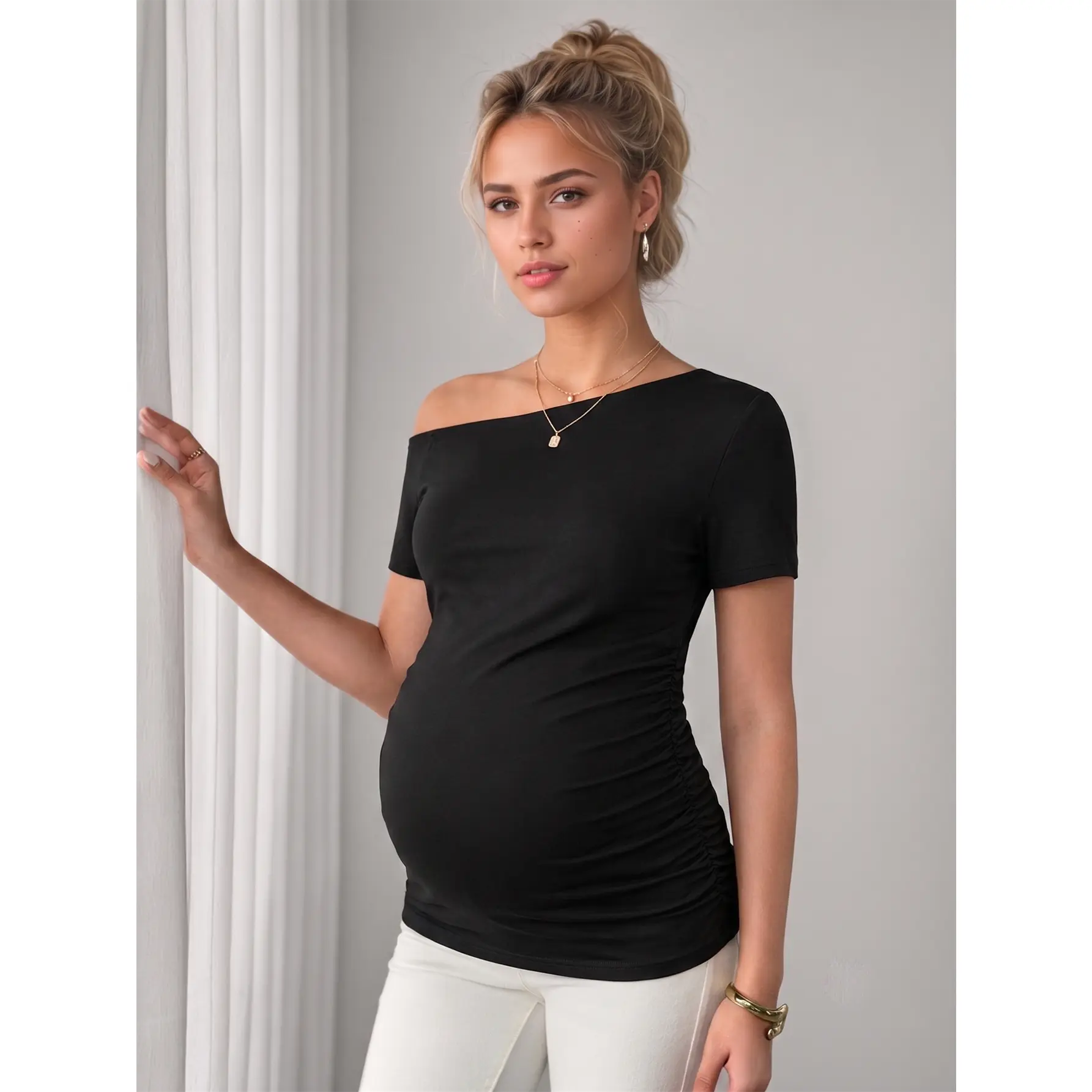 Maternity Black Off-The-Shoulder Short Sleeve Casual Sports Top - Breathable Summer Style, High Stretch, Modest Party Wear, Above Knee Length Complement Piece