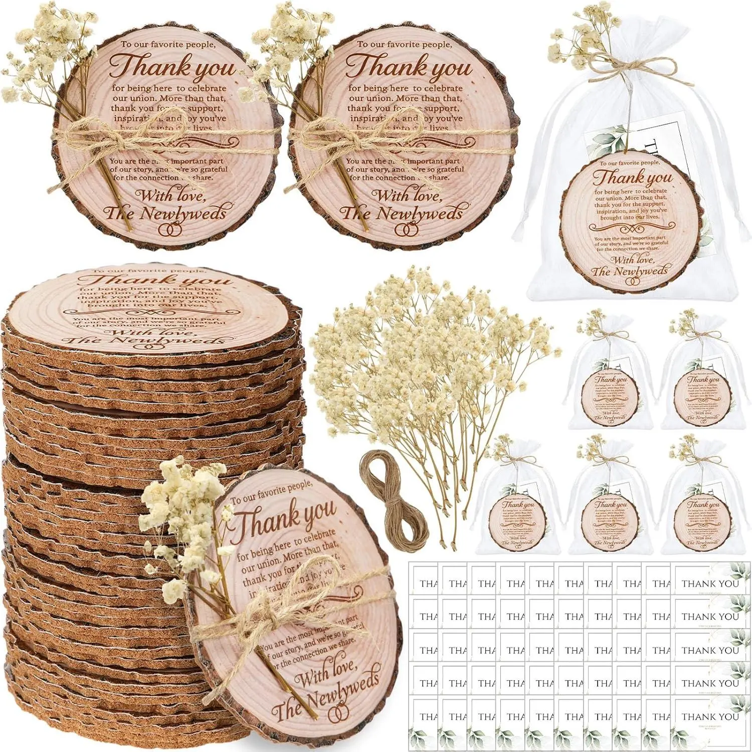 LemonRoad 251-Pcs Thick Cork Coasters Bulk Set with Wood-Textured Cork Material, Compact Organza Bags, Flower & Thank You Cards for Wedding Guest Favors, Bridal Shower Party Supplies