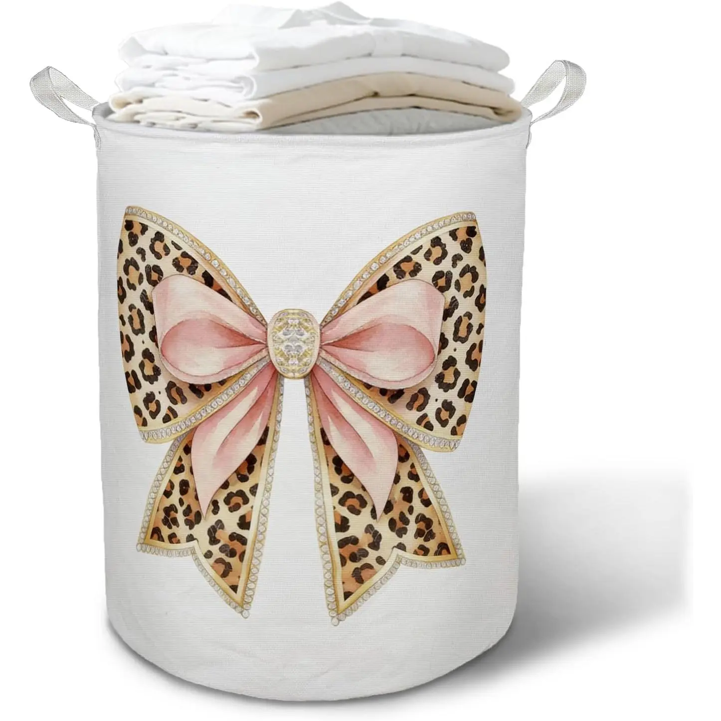 Coquette Leopard Bow Laundry Basket Hamper, Preppy Pink and Cheetah Print Bow Foldable Clothes Toys Books Storage Box Bins Baskets Organizer for Girls Room Dorm Bathroom
