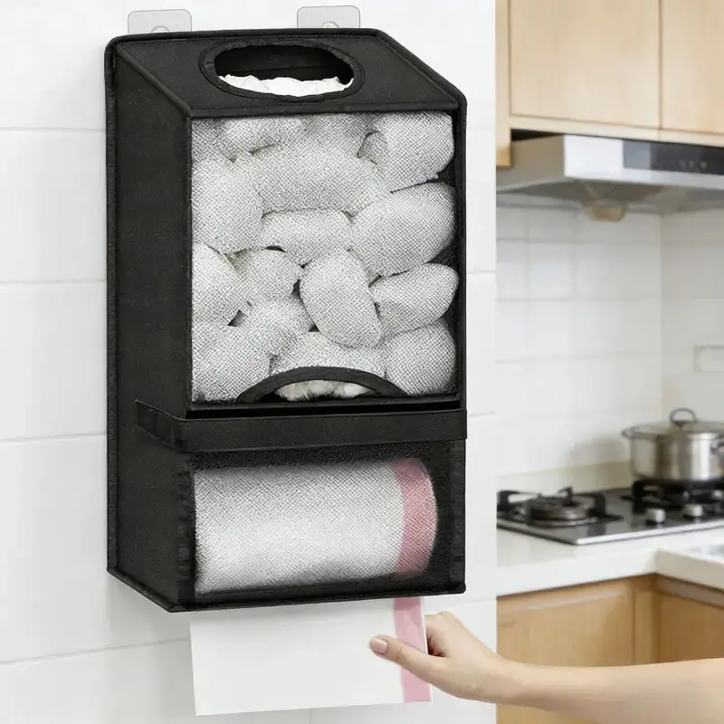 No-Drill Wall Mount Bag Holder, 2-in-1 Storage & Dispenser, Bins for Organization, for Kitchen Sink Pantry, Shopping Bag Organizer, Fabric Bin