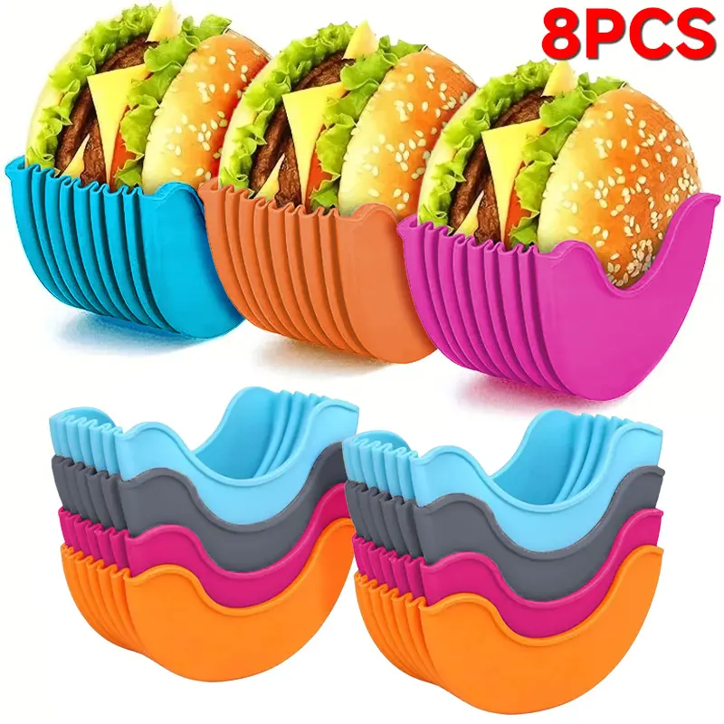 8Pcs Reusable Silicone Burger Holders, Expandable Design, Dishwasher Safe Sandwich Shells, Mess-free Eating Tools, Prevent Sauce Spills & Stains, Great for Family Gatherings & Parties
