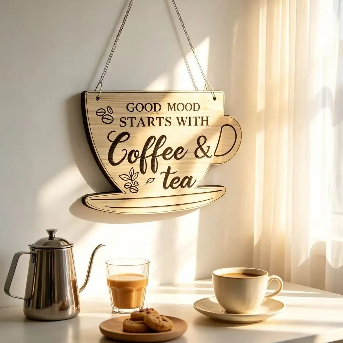 Solid Wood Laser Engraved Coffee Cup Shape Hanging Sign, Wall Decor for Coffee Corner, Home Café Gift, American Style Coffee Area Ornament