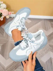 Sweet Cool Two-Tone Patch Retro Sneakers, Dual Lace Foot Shaping Design, Versatile Flats for Date & Trip