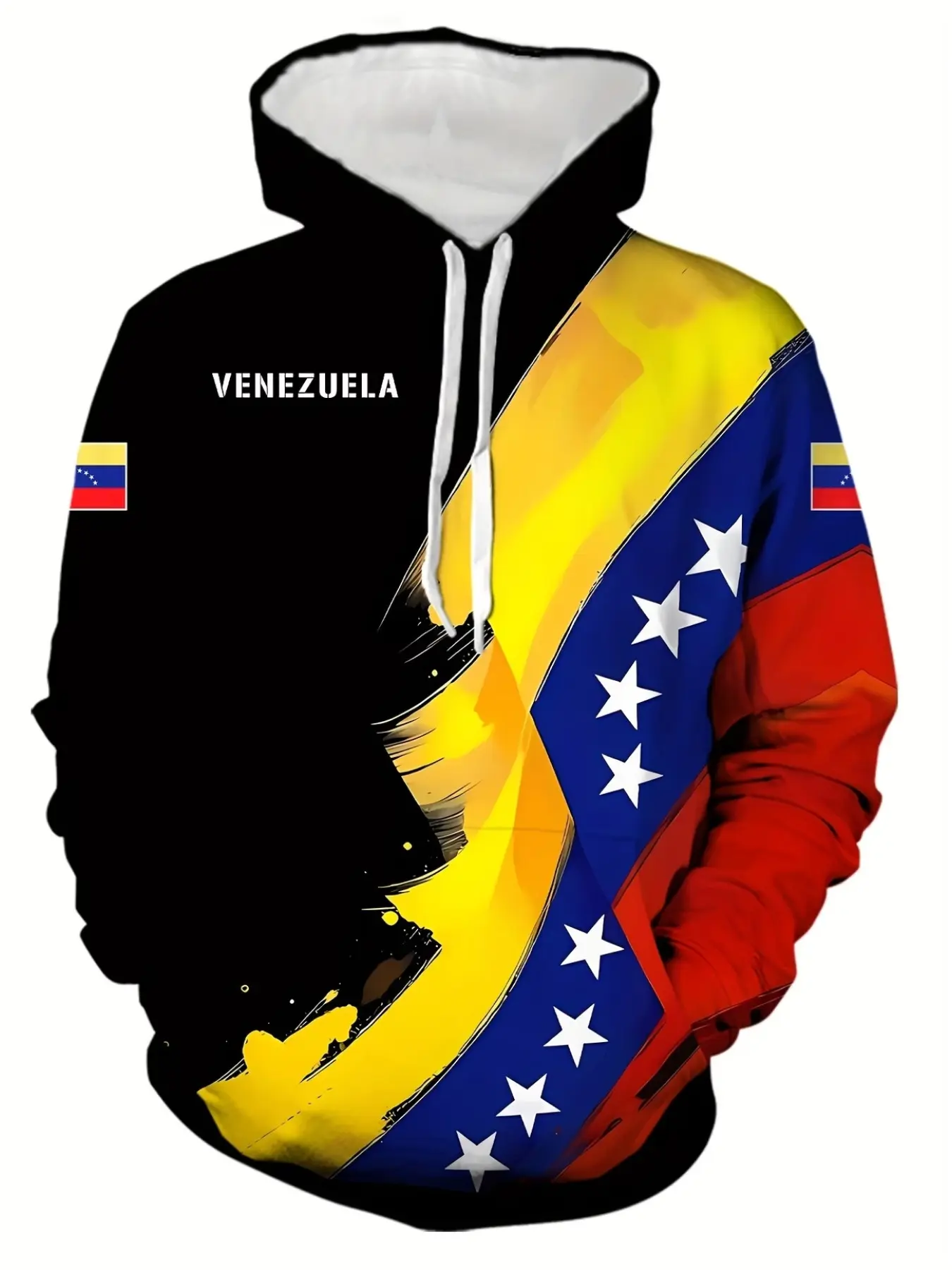 Large Size Men's Hooded Sweatshirt, Flag Creative 3D Print, Venezuela Letter Logo, Loose Fit, Casual American Style, All Seasons