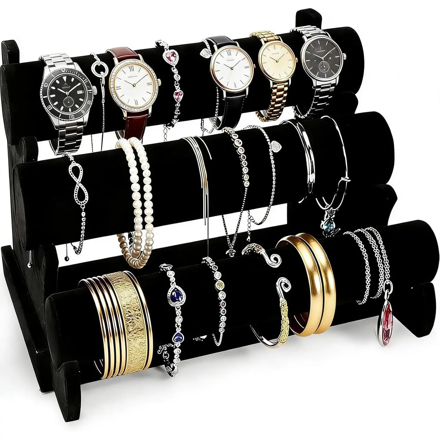Velvet Bracelet Holder with 3 Tier Rack, Black T-Bar Storage Organizer Detachable Display Stand for Necklace Watch Bangles Bracelets Scrunchies Organization Showcase
